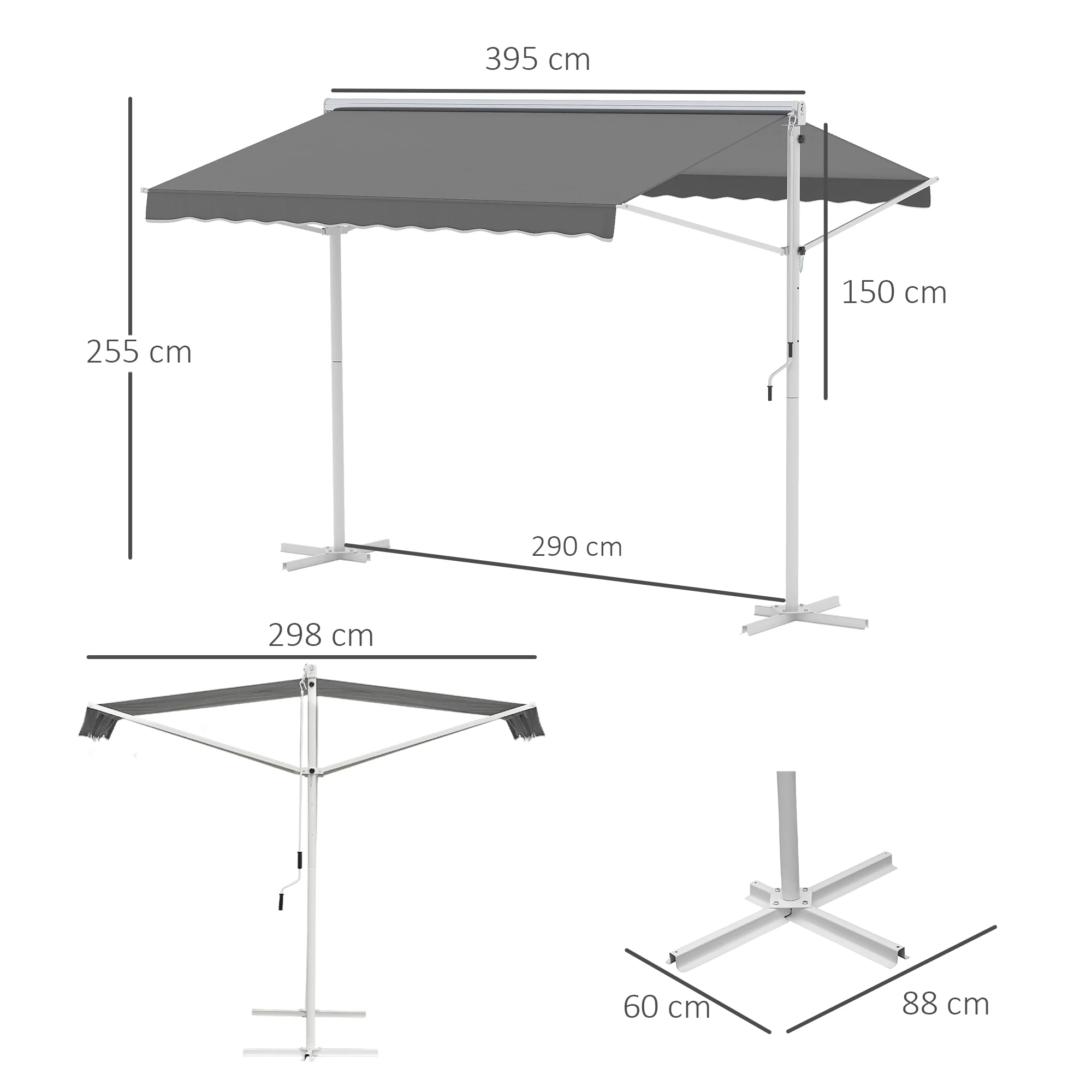 Outsunny Staande luifel met knikarm tuinluifel luifel zwengel grijs 3,95 x 2,94 m