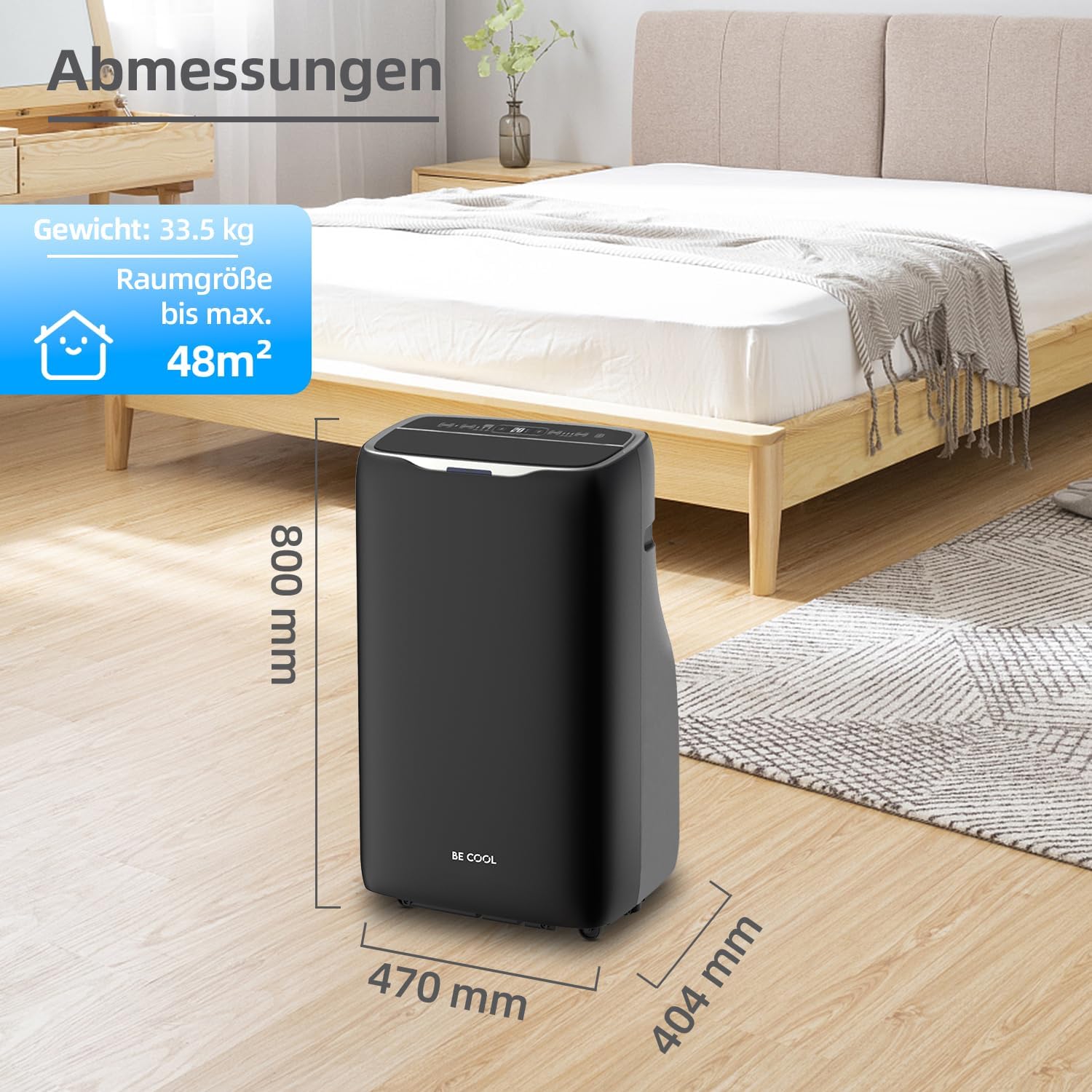 BE COOL 4in1 Klimagerät 14.000 BTU BC14KL2402FW – Kühlen: 14.000 BTU, Heizfunktion, bis max. 125 m³, WiFi-Steuerung, Fernbedienung, schwarz