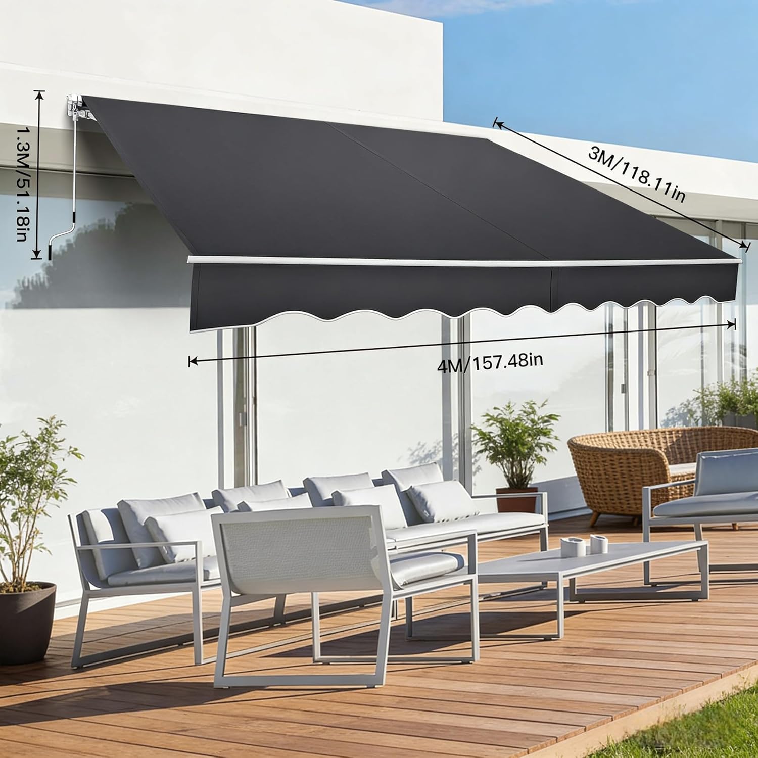 Gelenkarmmarkise 400x300 cm mit Handkurbel, Sonnenschutz Balkonmarkise mit UV-Schutz & Witterungsbeständig, Winkel Einstellbar, Wasserdicht Klemmmarkise für Balkon & Terrasse, Dunkelgrau