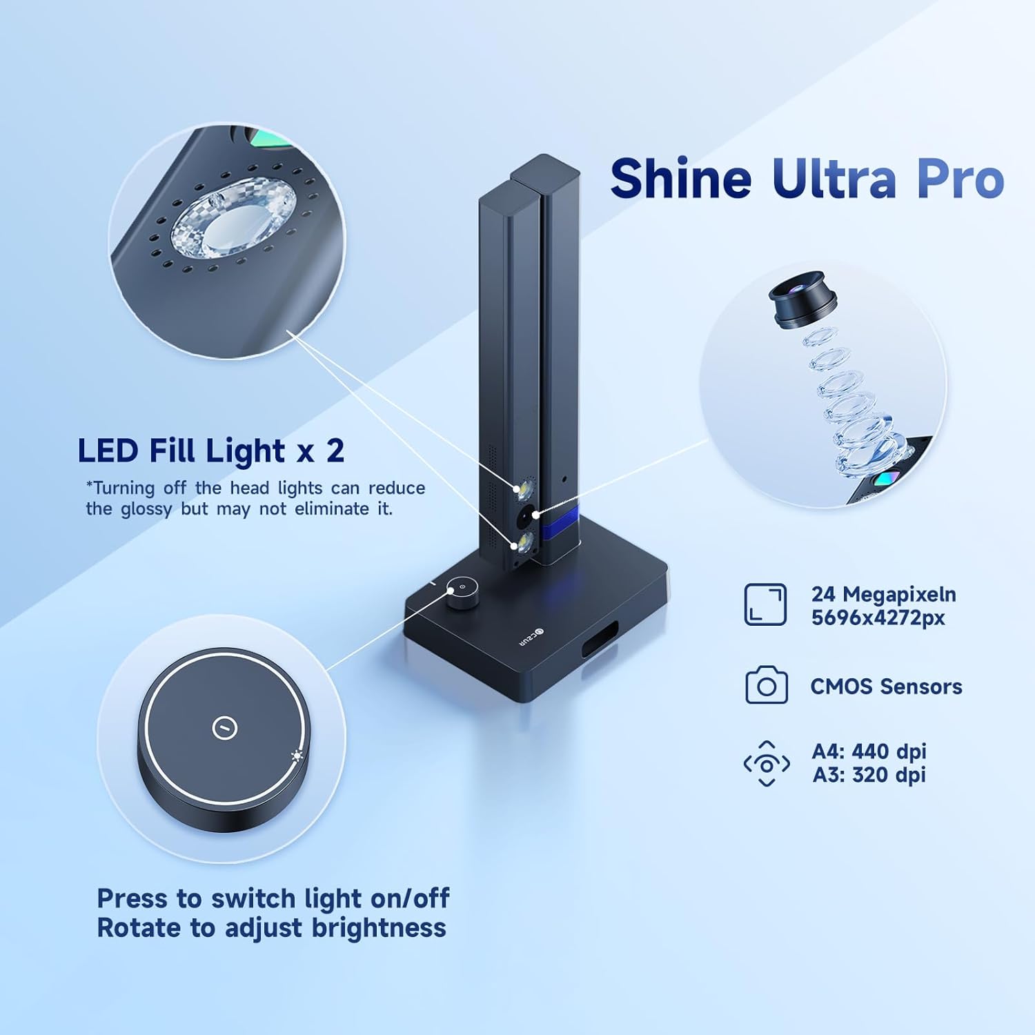 CZUR Shine Ultra 13MP Scanner A3, tragbarer Dokumentenscanner, faltbarere Buchscanner, Dokumentenkamera Visualizer mit OCR 180+ Sprache, Stufenloses Fülllicht, Schnell-Scanner für Windows & macOS