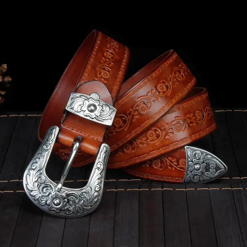 Lederg��rtel Herren im Western-Stil aus Vollleder mit verzierter Schnalle - Robuster Cowboy G��rtel f��r Jeans und Freizeit
