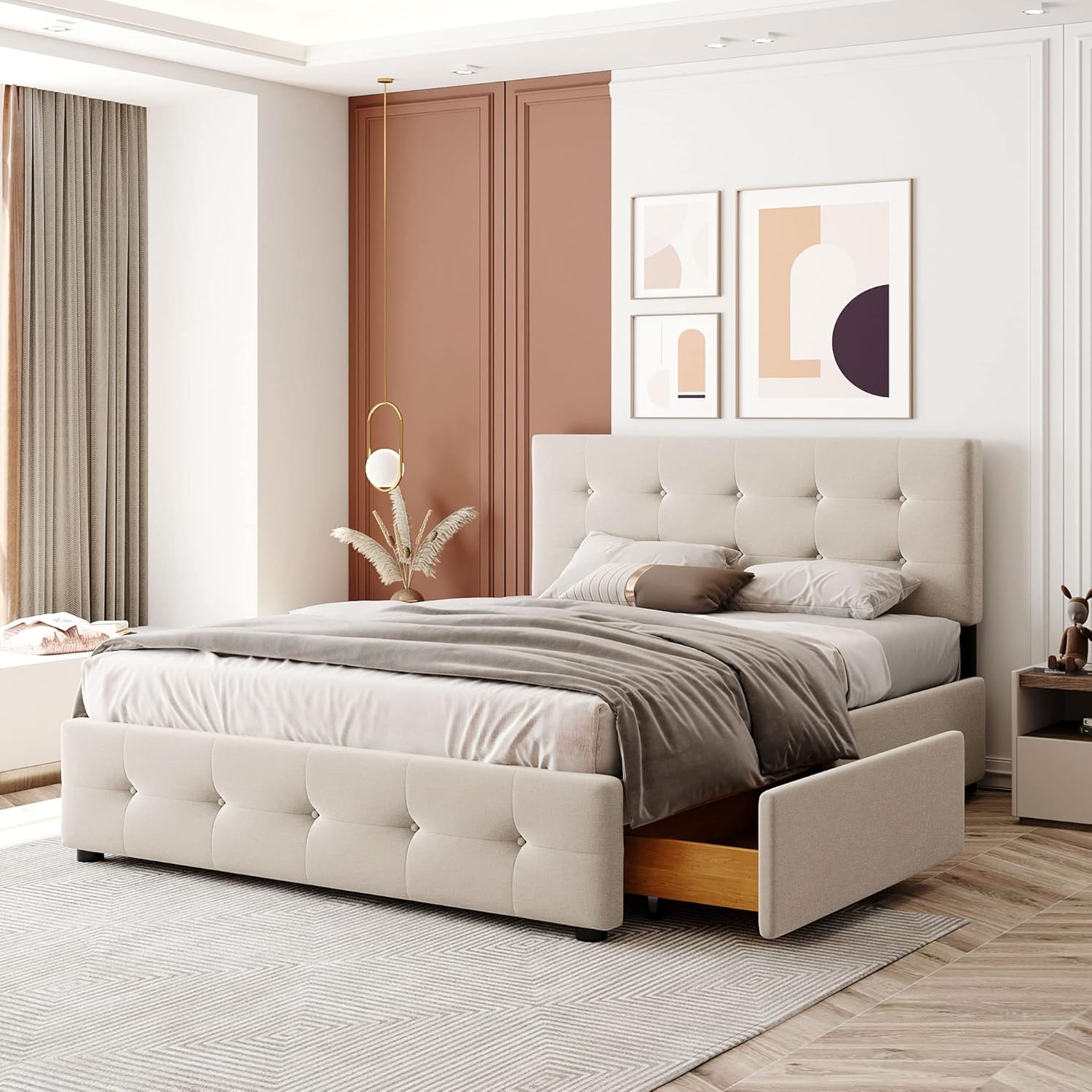 Polsterbett Doppelbett 140x200 cm, Bett mit 4 Stauraum Schubladen und Kopfteil, Bettgestell mit Lattenrost und Metallrahmen, Samt, Beige, Ohne Matratze