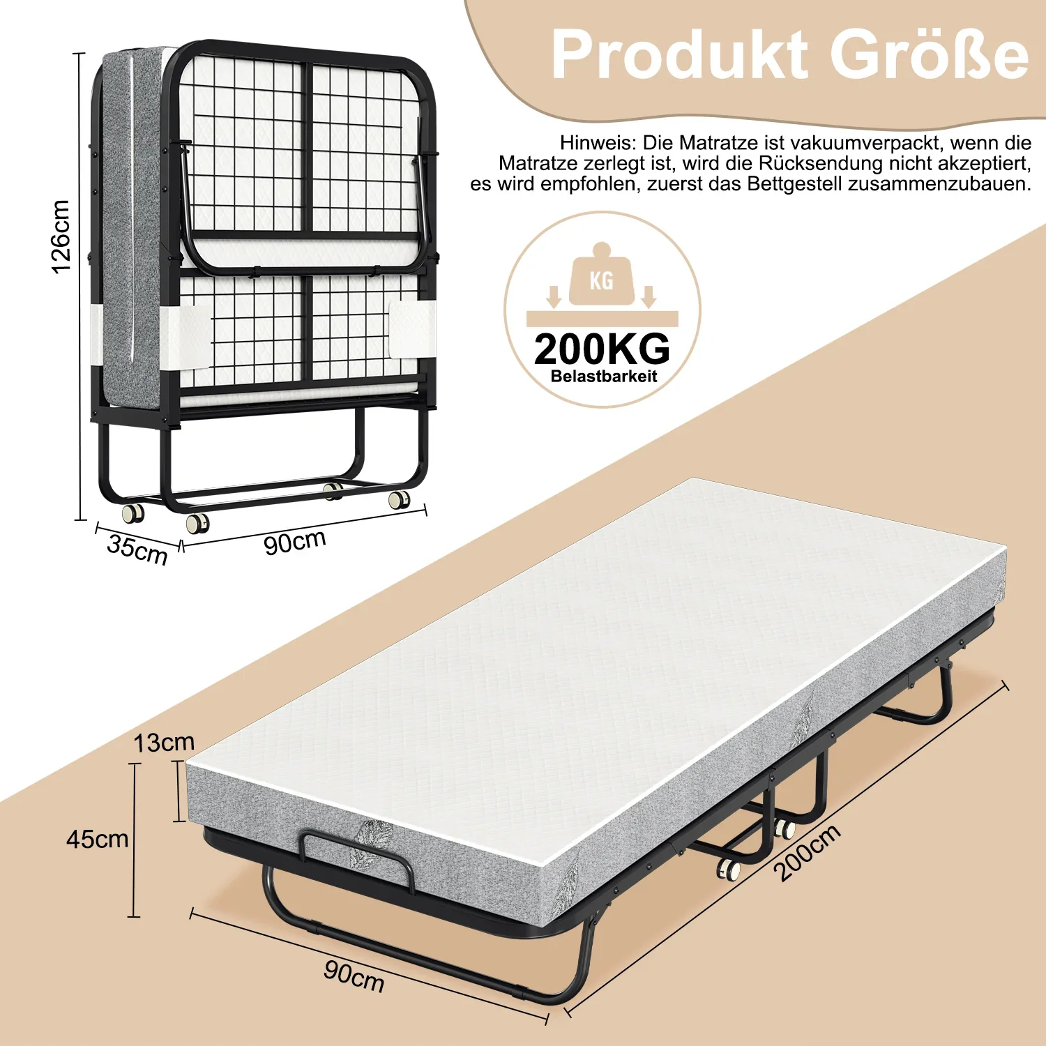 Sonnewelt Klappbett 90x200cm mit 13cm Dicke und Rollen