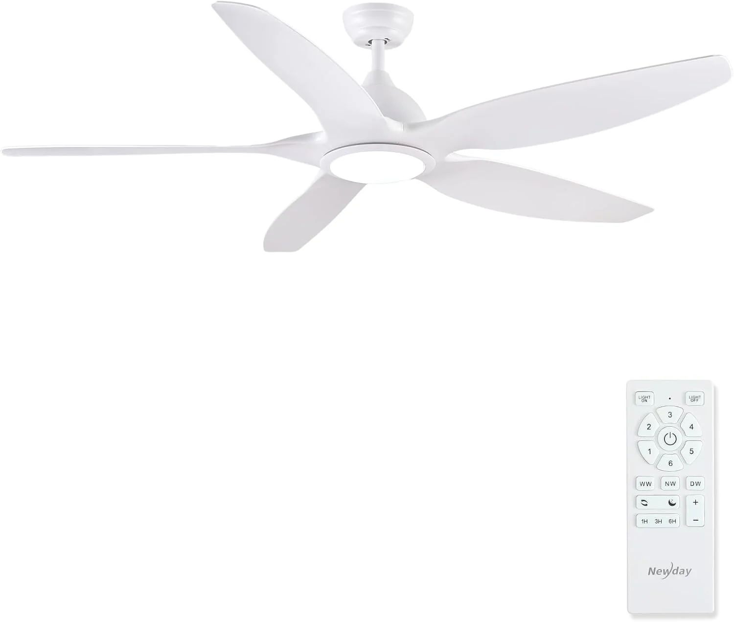 Newday 153cm Grande Ventilador de Techo Blanco con Luz y Mando a Distancia, LED Dimmer, Motor DC reversible para uso en verano e invierno, 5 aspas Silencioso para Dormitorio Sala de estar del Balcón