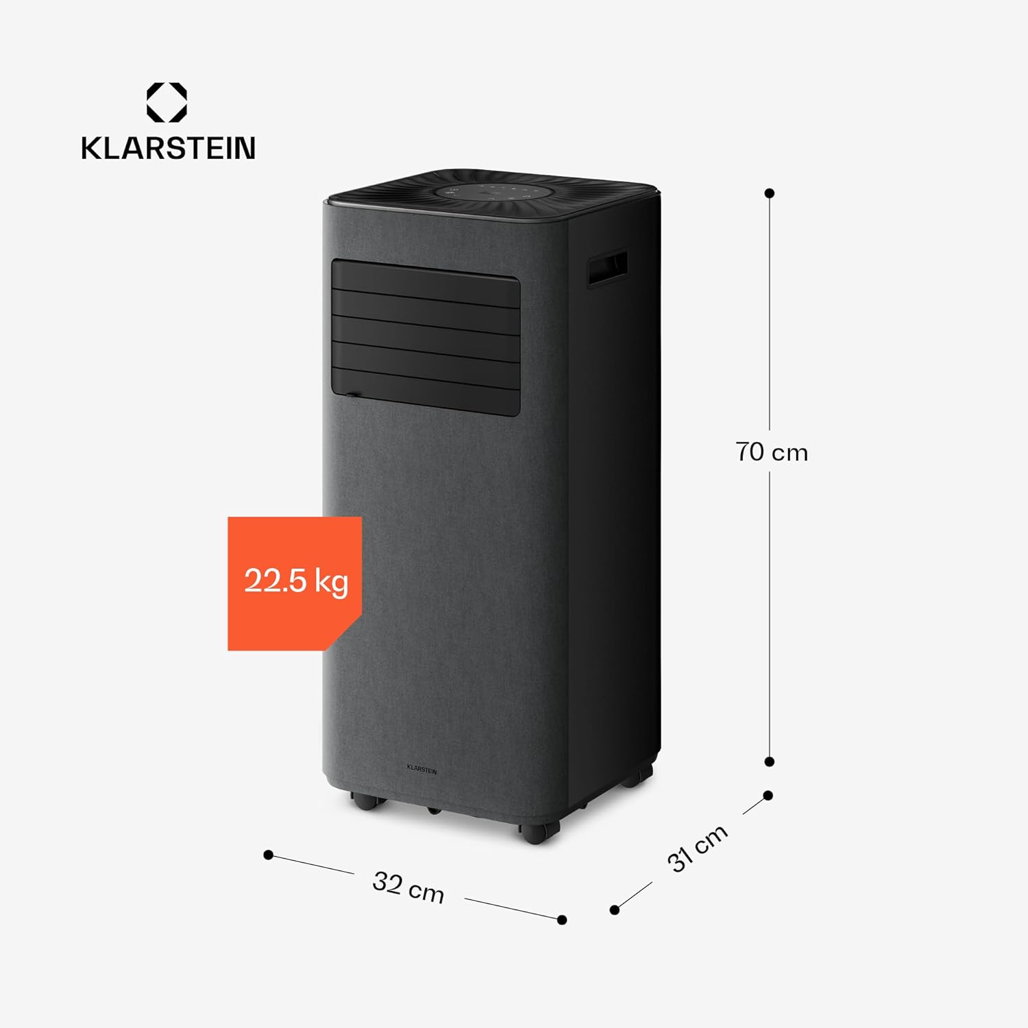 Klarstein AireLux Mobile Klimaanlage – 9.000 BTU, Für Räume bis 33 m², 3-in-1: Kühlung, Entfeuchter & Ventilator, Energieeffizienzklasse A, Smart App & Sprachsteuerung, Mit Abluftschlauch, Dunkelgrau