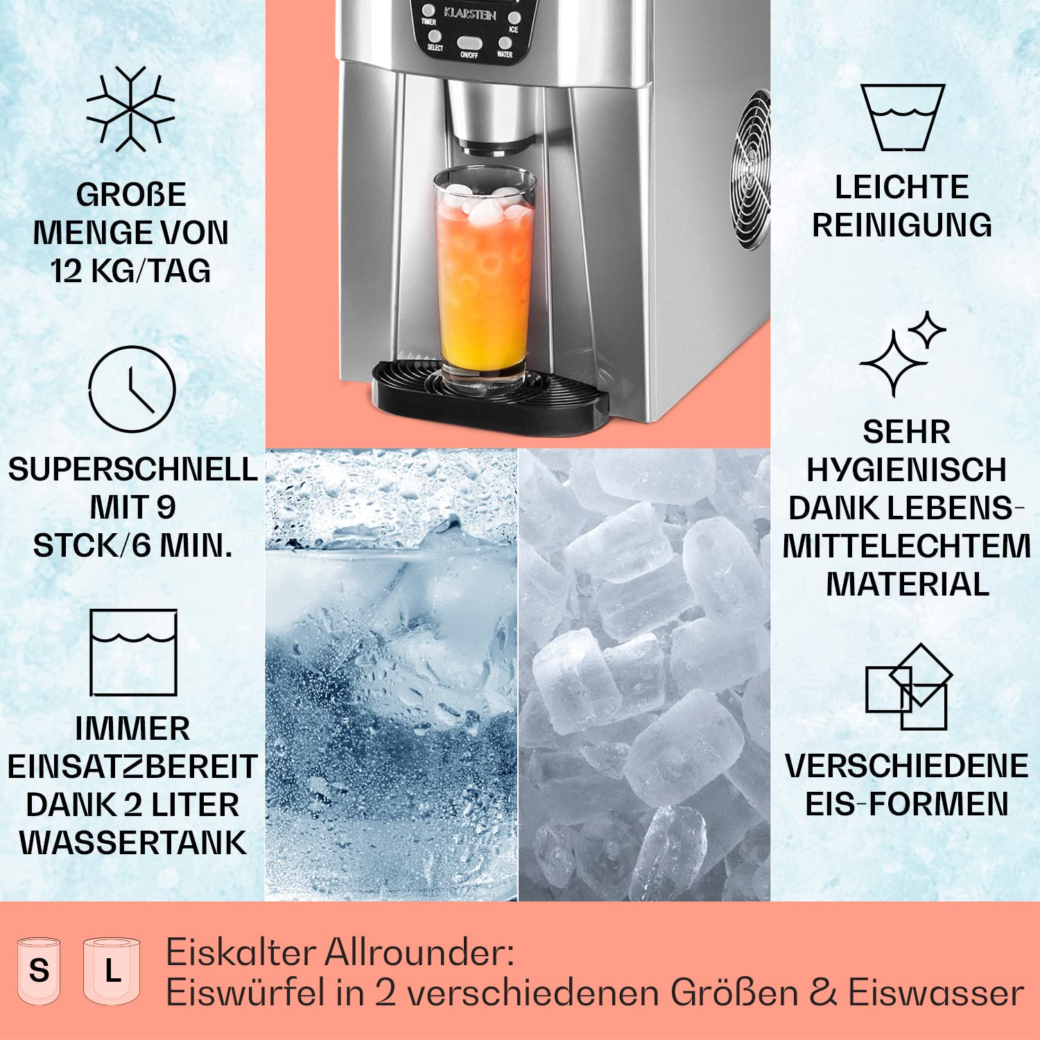 Klarstein Eiswürfelmaschine Klein, 2 L Eiswürfelbereiter  und  Wasserspender, Eiswürfelmaschine für 12 kg Große und Kleine Eiswürfel, Schnelle Mini mit Alarm