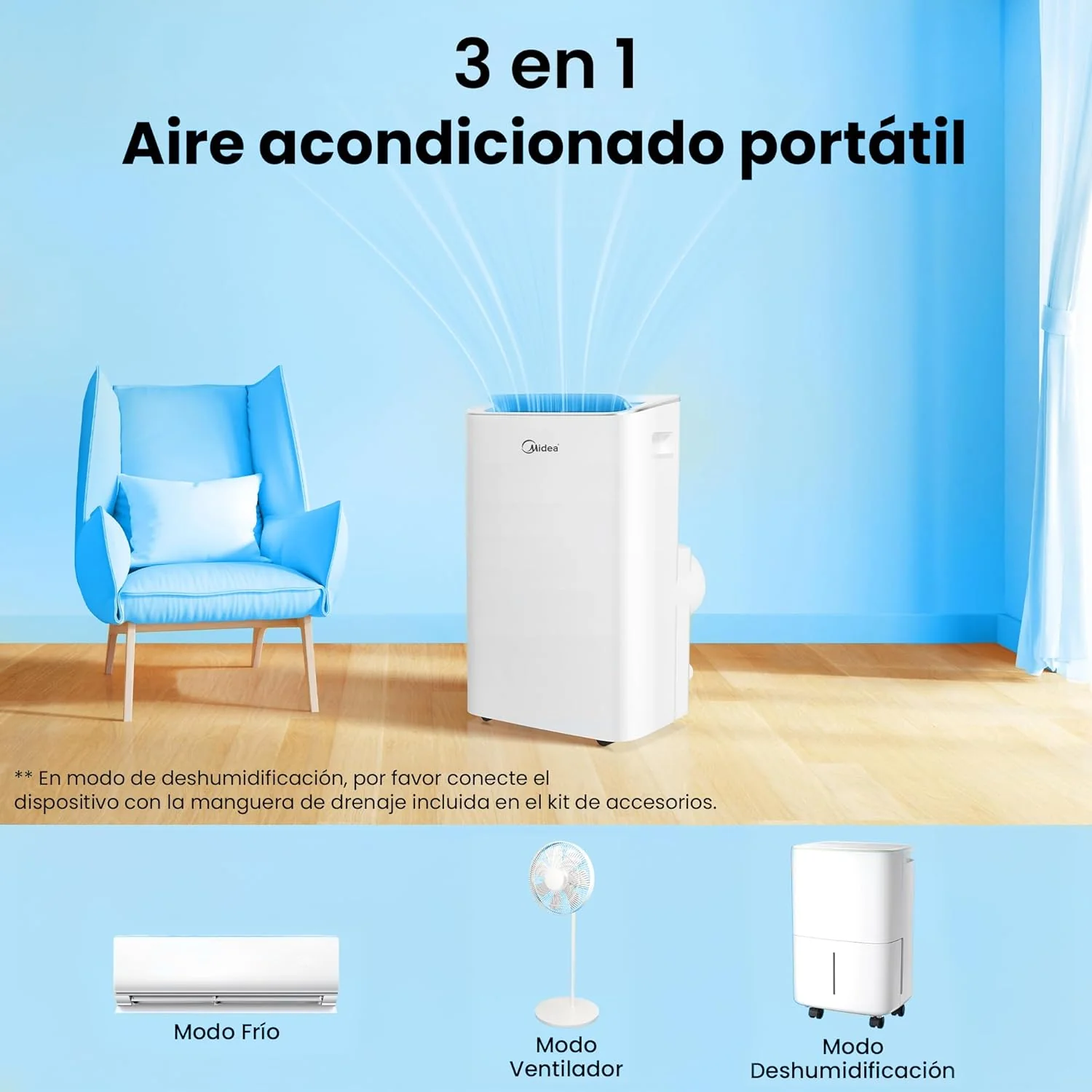 MIDEA Pingüino Aire Acondicionado Portátil 3 en 1 | 3000 Frigorías / 12000 BTU | Air conditioner Silencioso 43m2 - Deshumidificador Ventilador Climatizador 3500 W - 4 modalidades con kit de ventana