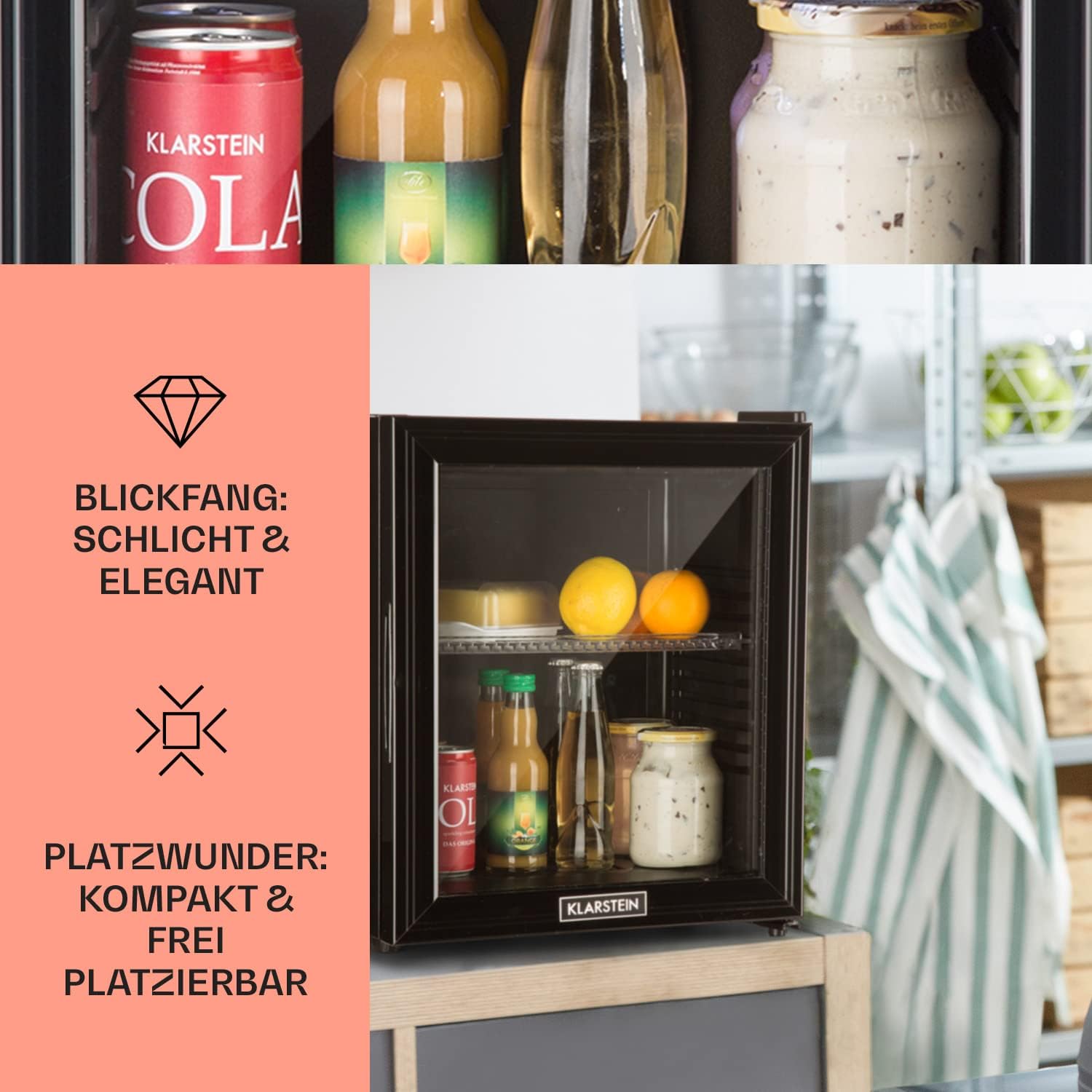 Klarstein Mini Kühlschrank für Zimmer, 24 Liter Mini-Kühlschrank für Getränke, Snacks & Kosmetik, Kleine Minibar, Kühlschrank Klein & Leise, Verstellbare Ablagen, Kleiner Skincare Kühlschrank