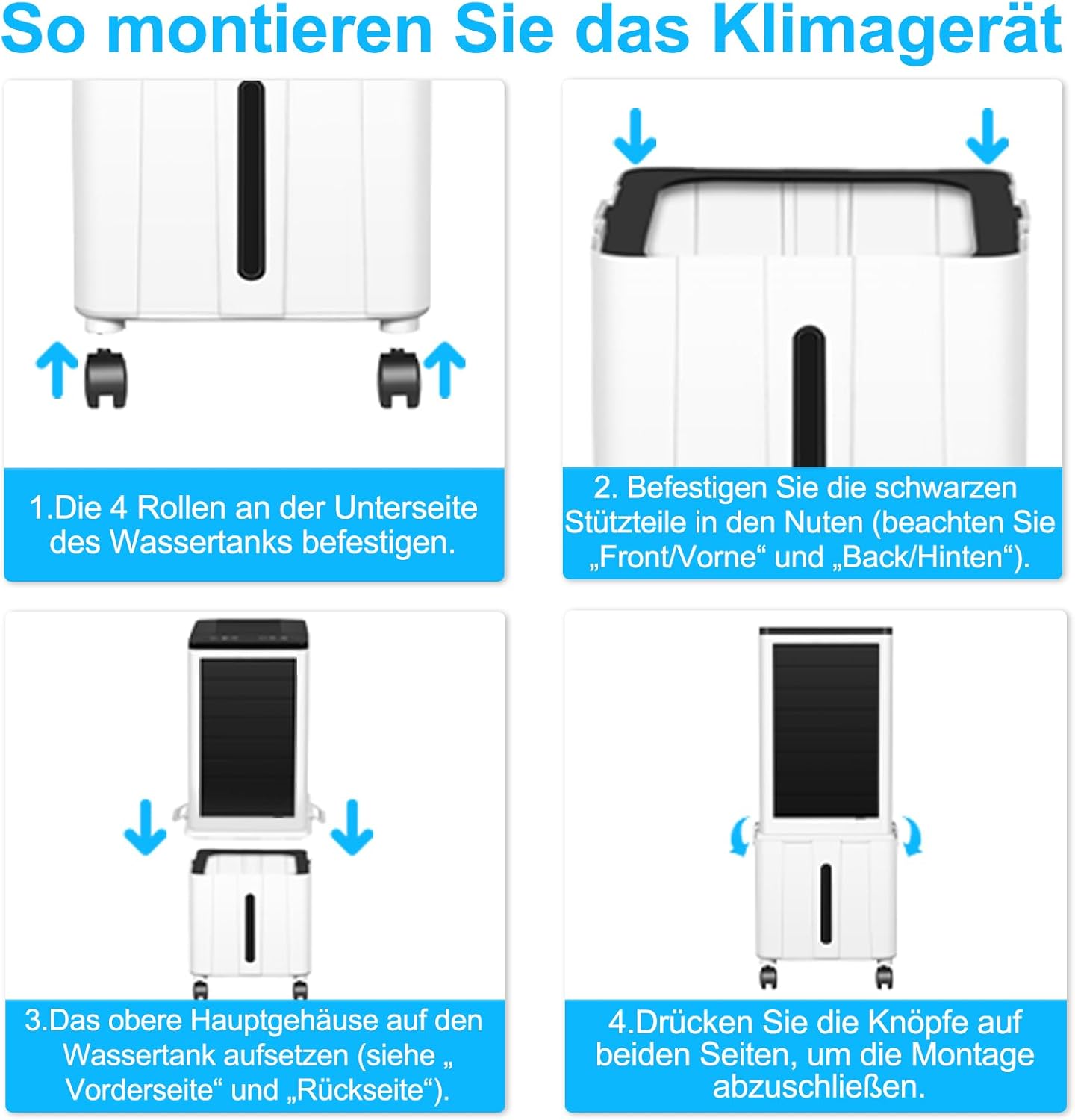 Klimagerät ohne Abluftschlauch, 14L 60W Klimaanlage Mobil mit 12H Timer, 3 Modus, 40dB, 120°Oszillation, Abnehmbare Wassertank, Fernbedienung, Leise Portable Air Conditioner für Wohnung Zimmer Räume