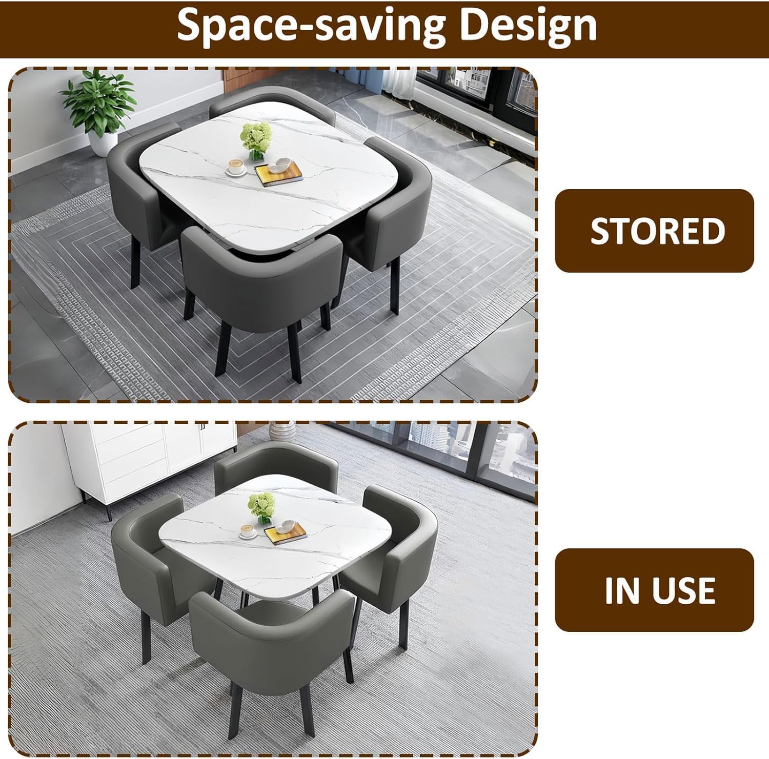 Dining Table Set with 4 Chairs, small Round Dining Table 90 cm, for 4-6 People, for Dining Room, Kitchen, Living Room, modern Kitchen Chairs,Square White