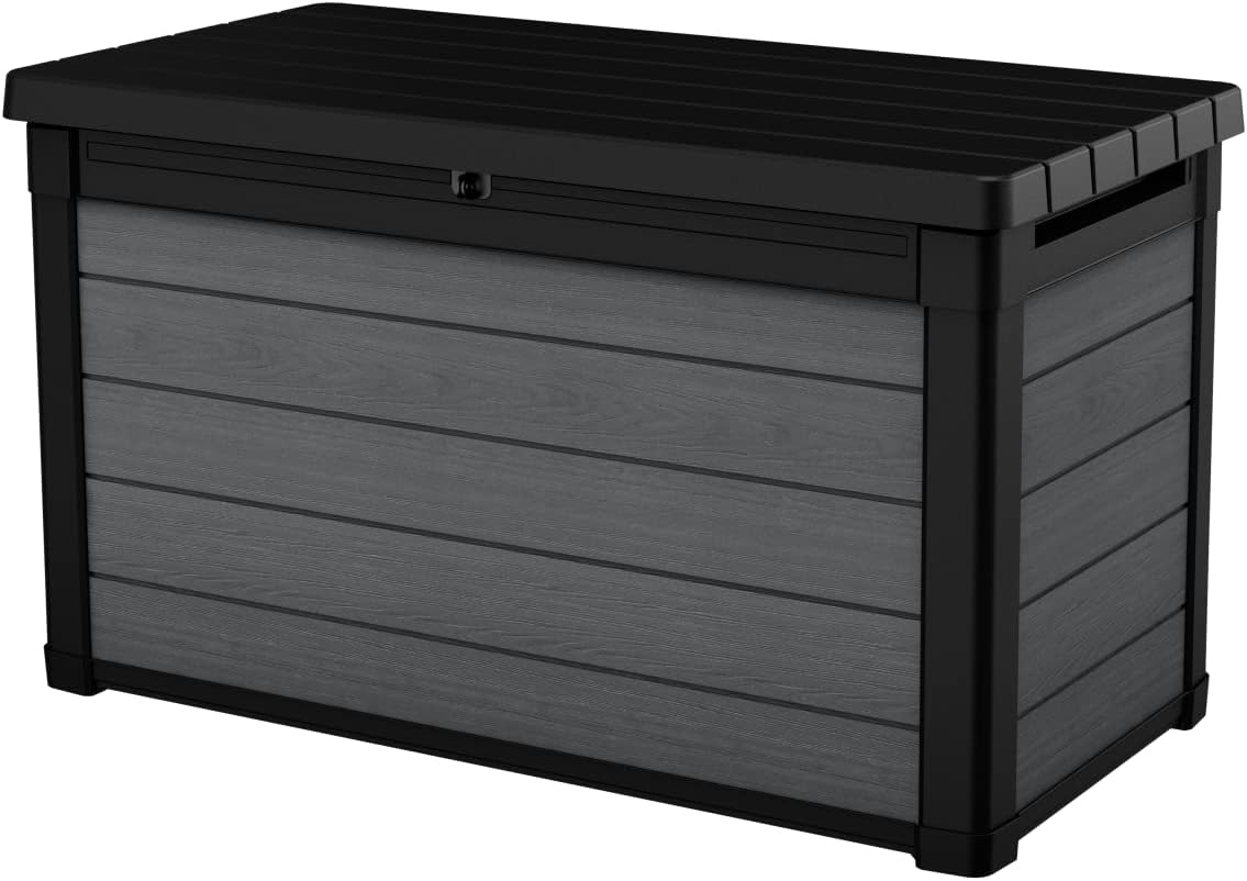 Keter Gartenbox Cortina 100 g, Oberfläche in Holzoptik, Farbe Grau, Fassungsvermögen 380 l, 122,9 x 62,1 x 70,6 cm