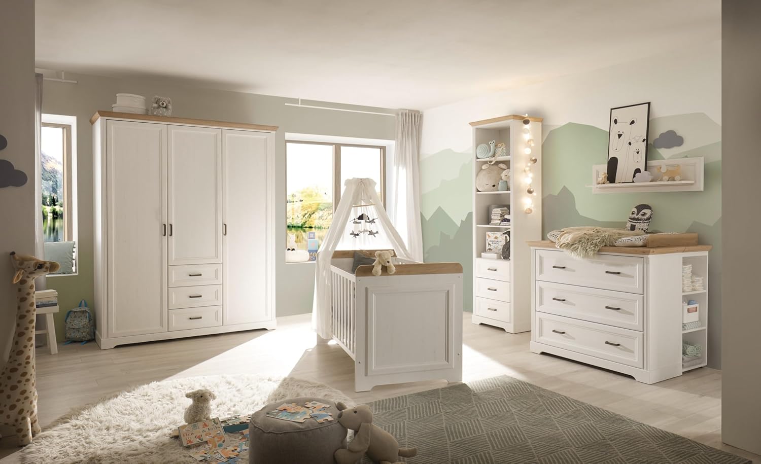 Babyzimmer Jasmin 5 teilig in Anderson Pine mit Absetzungen in Artisan Eiche - Kinderzimmer Komplett Set mit Kleiderschrank, Babybett, Wickelkommode mit 2 Seitenregalen, Standregal, Wandboard