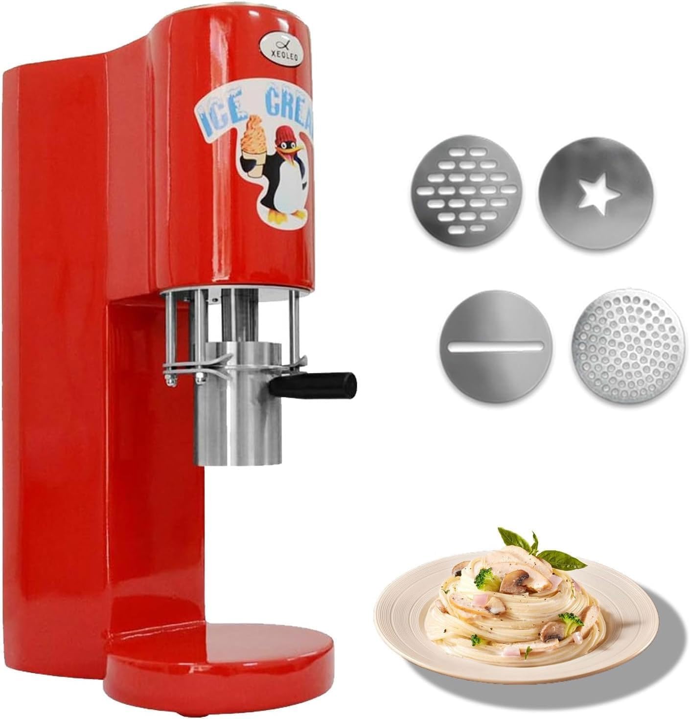 Kommerzielle Spaghetti-Eismaschine, 28–30 l/h, professionelle Gelato-Eis-Nudelmaschine mit 4 verschiedenen Nudelformen, for Catering und Soft-Serve-Läden(Red)