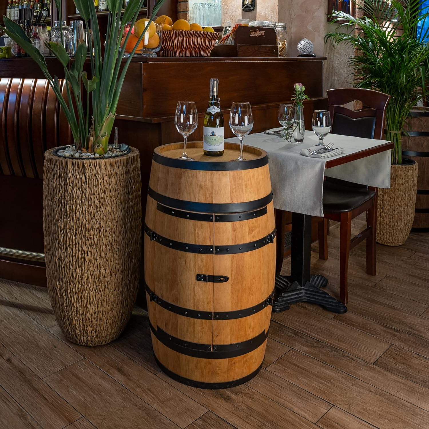 CREATIVE COOPER Weinfass Stehtisch mit Tür - Alkoholschrank Flaschenregal Holz Regale - Holzfass - Fassmöbel - Wine Rack - Wineregal - Weinbar - Fass bar mit Tür - Fassbar minibar 80Cm High (Eiche)