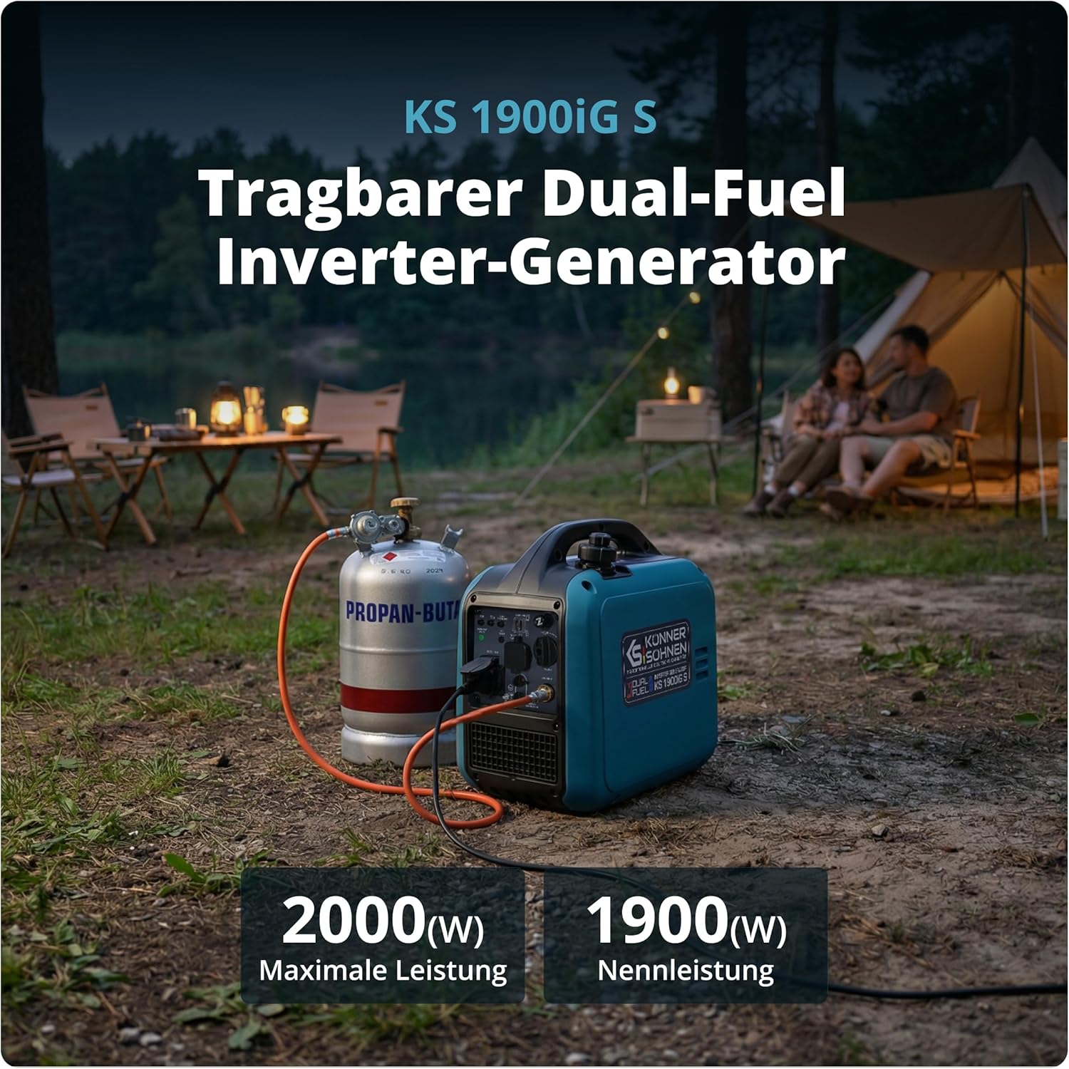 Könner  und  Söhnen Inverter Stromerzeuger KS 1900iG S, 2000W Dual Fuel Generator (LPG/Benzin), Notstromaggregat Leise, 17kg Ultraleicht, Reine Sinuswelle, Eco-Mode, USB, Euro-5