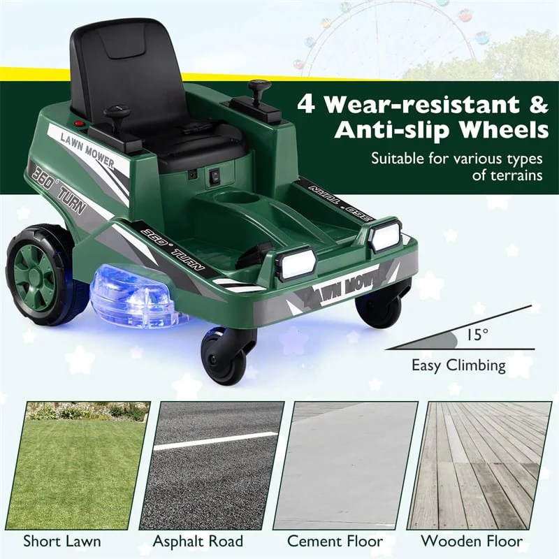 Eletriclife 12V Kids Ride-On Lawn Mower with 360�� Twist & Turn, Dual Control Sticks, LED Lights for Toddlers Aged 3-8