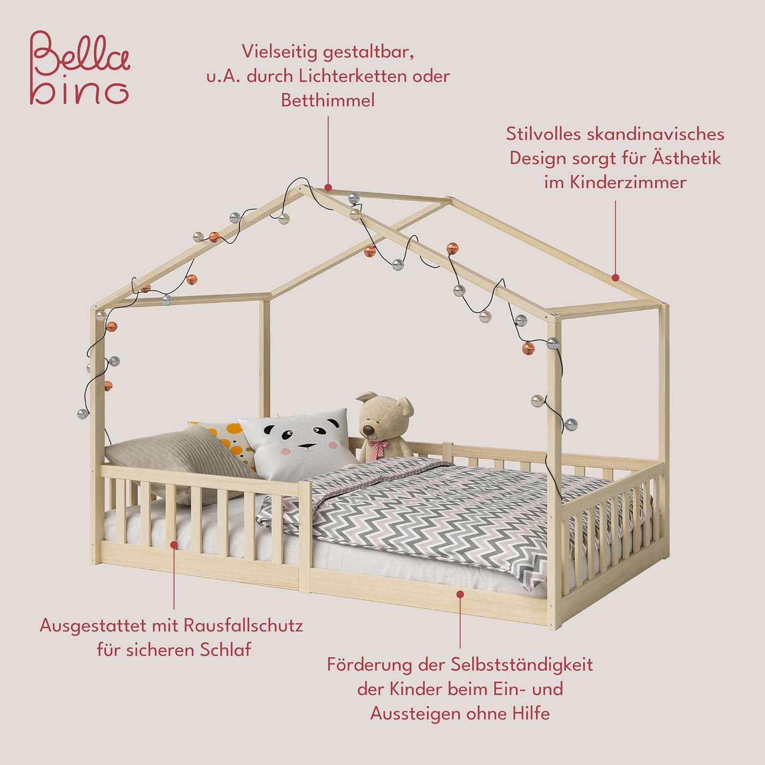 Bellabino Kinderbett Bia 140x200 cm, Hausbett Kinder inkl. Rausfallschutz und Rolllattenrost, Montessori Bodenbett weiß aus Massivholz Kiefer