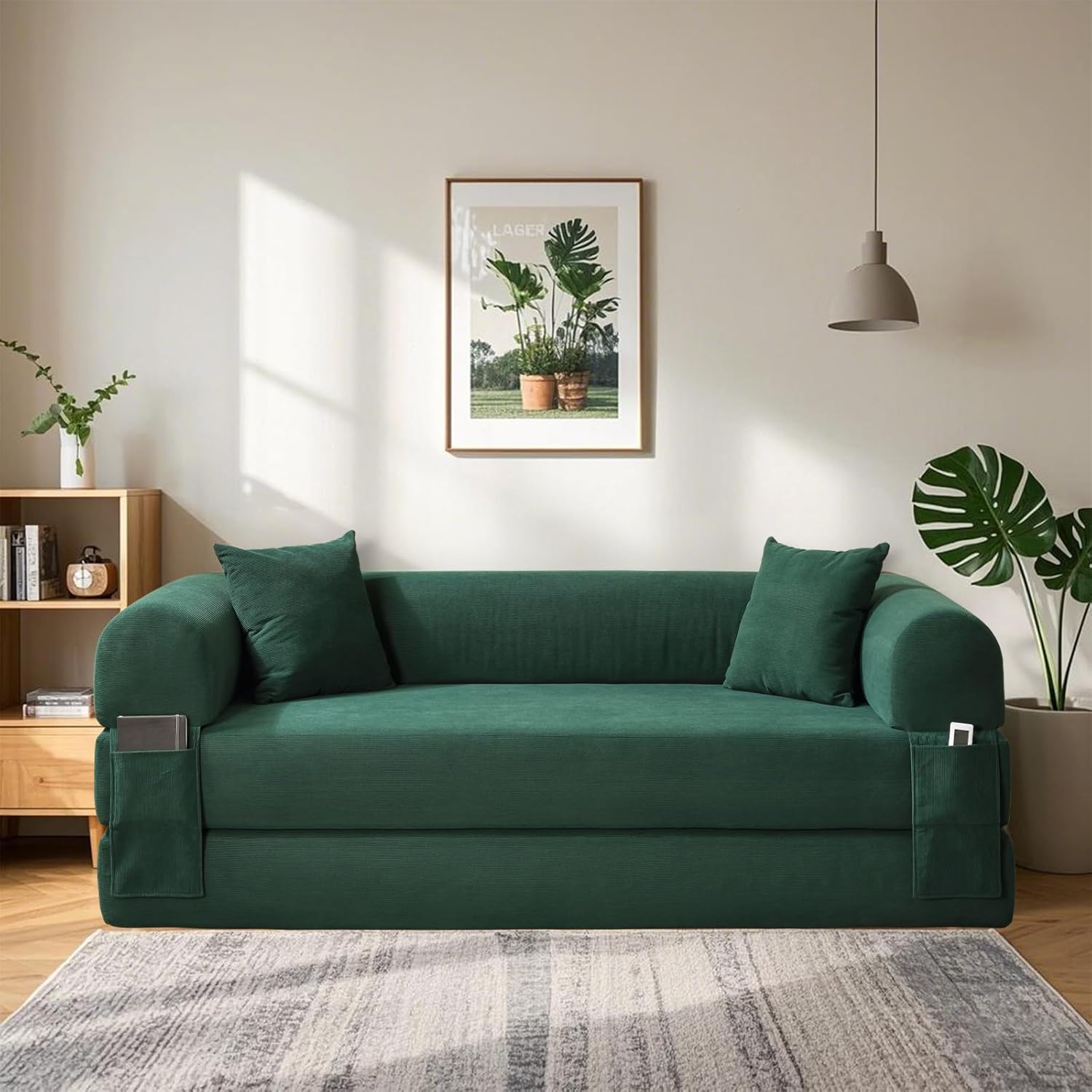 BMMB Bodensofa mit Schlaffunktion, 203cm 3-sitzer Boneless Couch Sofa, Klappbar Schlafsofa Schlafsessel Bed mit 2 Kissen, Moderne Klappsofa Sofabett für Wohnzimmer Schlafzimmer (Dunkelgrün, 8025)