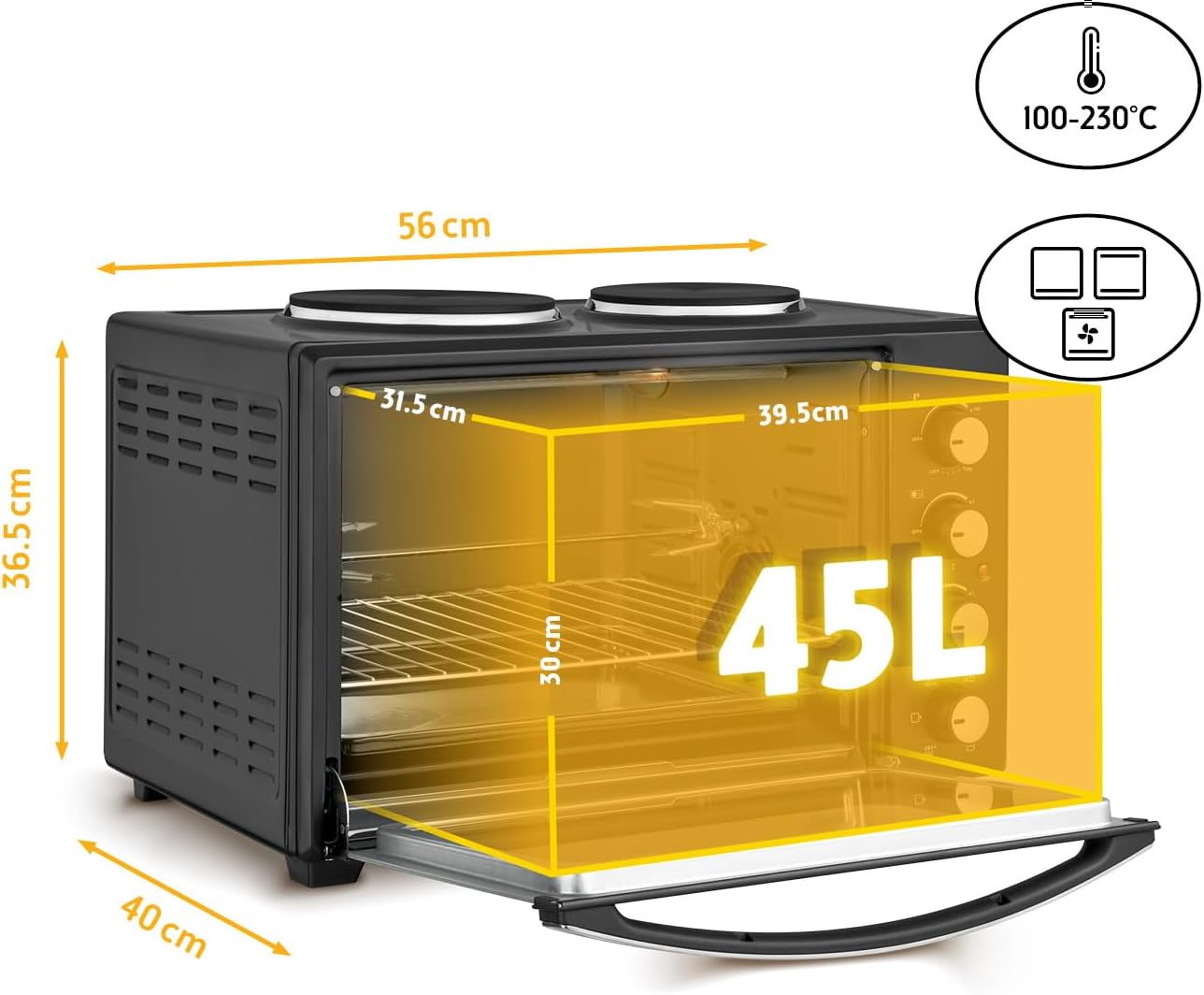 TZS First Austria Mini-Backofen mit Kochplatten | 45 Liter Fassungsvermögen, 3200W, Umluft, max 230°C | Backblech, Drehspieß, Grillrost, Innenbeleuchtung | kompakt für Camping, Wohnheim & Kleinküchen