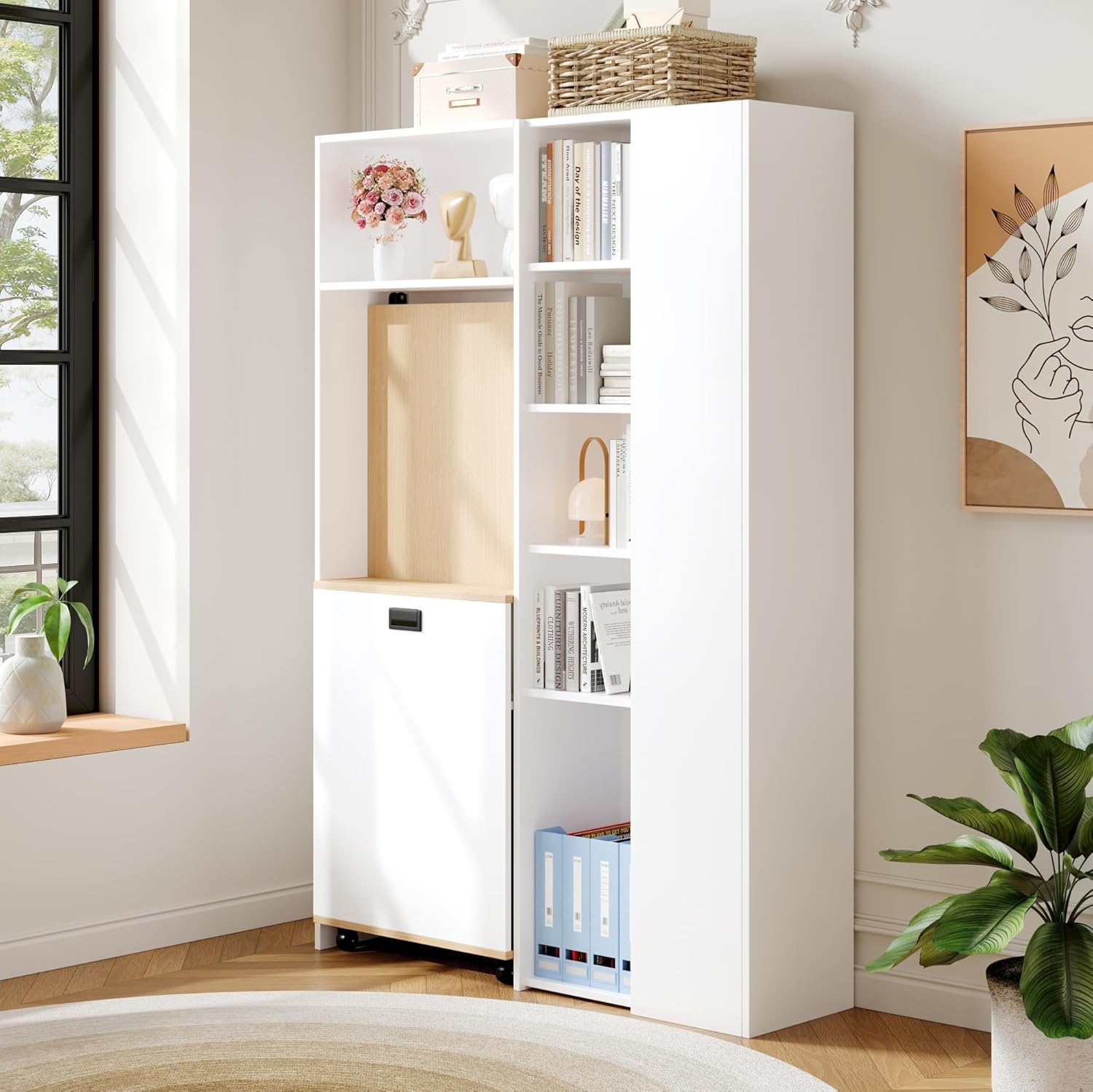 Merax klappbarer Schreibtisch mit Regal, 2 in 1 Bücherregal und Arbeitstisch mit Steckdose und USB, höhenverstellbare Ablagen, platzsparender Eck Schreibtisch mit Kippschutz, einfache Montage, Weiß