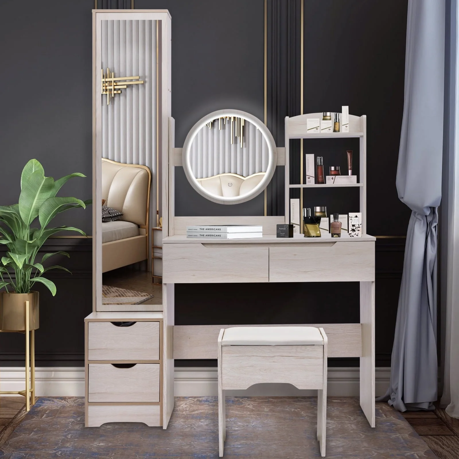 UBesGoo Lighted Vanity Table Set, Dressing Table with Full Length Mirror, Bedroom Makeup Table with Hidden Stoarge Cabinet, White Oak Color