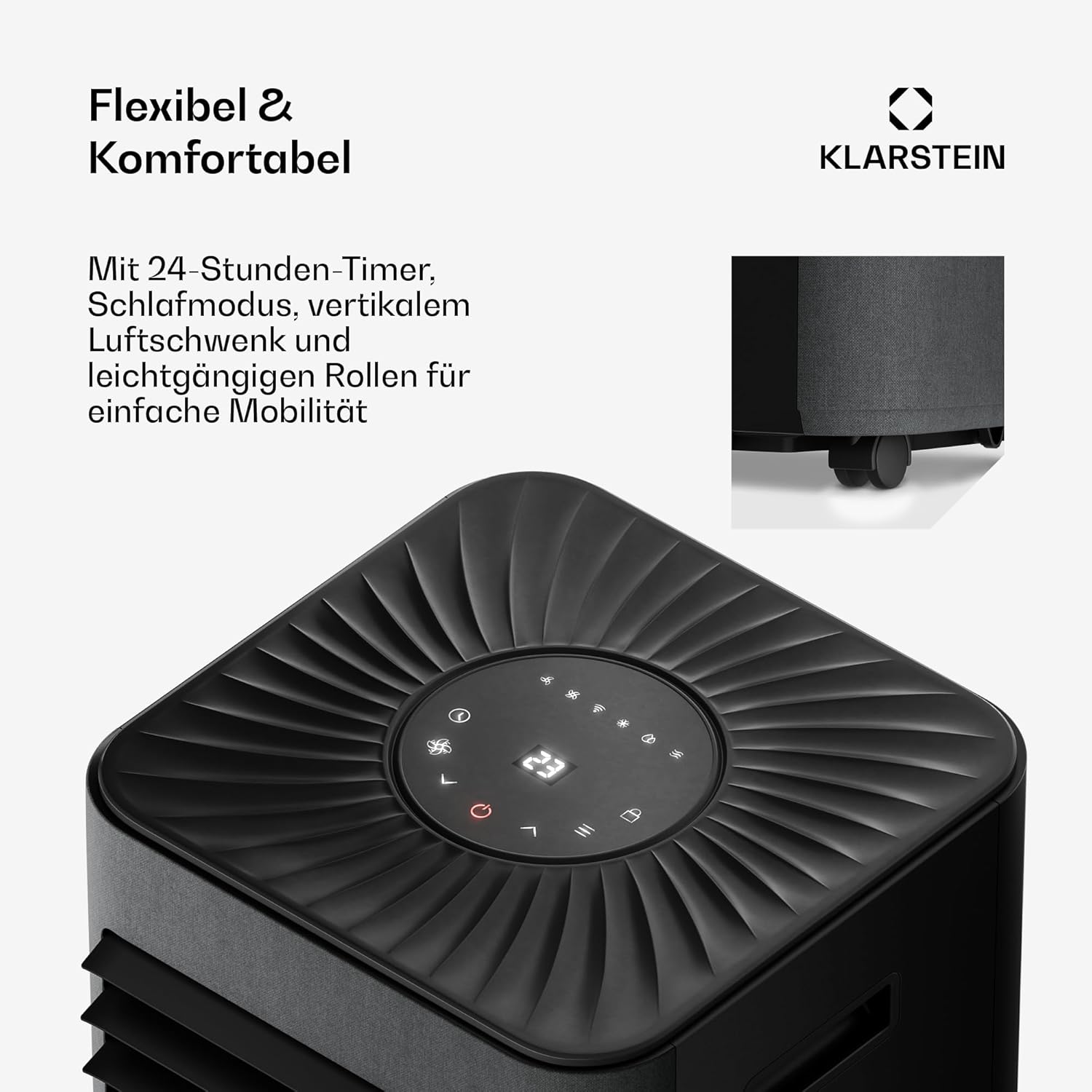 Klarstein AireLux Mobile Klimaanlage – 9.000 BTU, Für Räume bis 33 m², 3-in-1: Kühlung, Entfeuchter & Ventilator, Energieeffizienzklasse A, Smart App & Sprachsteuerung, Mit Abluftschlauch, Dunkelgrau