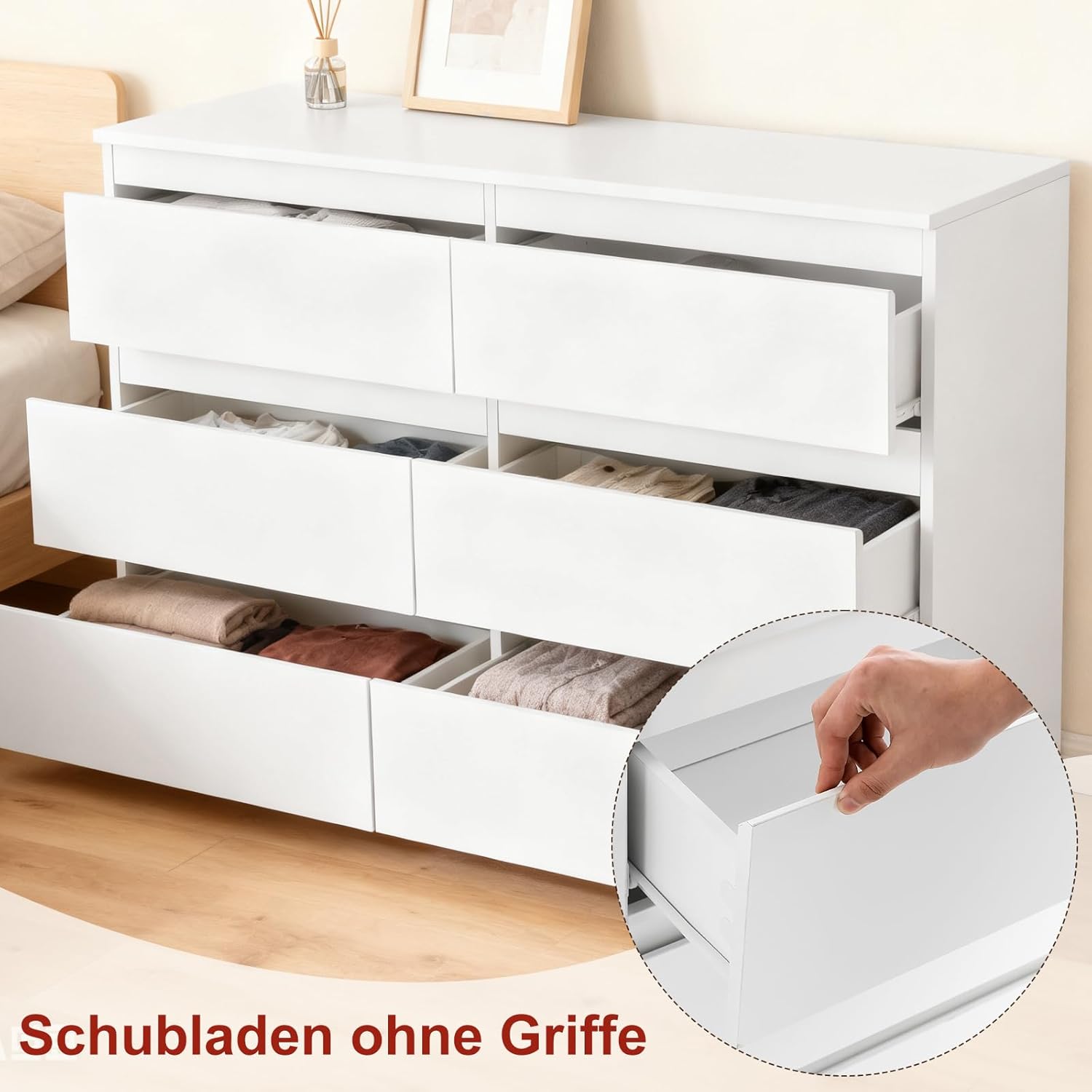Sweetcrispy Kommode, Weißes Sideboard mit 6 Schubladen, 120×30×75cm, Viel Stauraum für Wohnzimmer, Flur & Schlafzimmer, Moderner Kommodenschrank