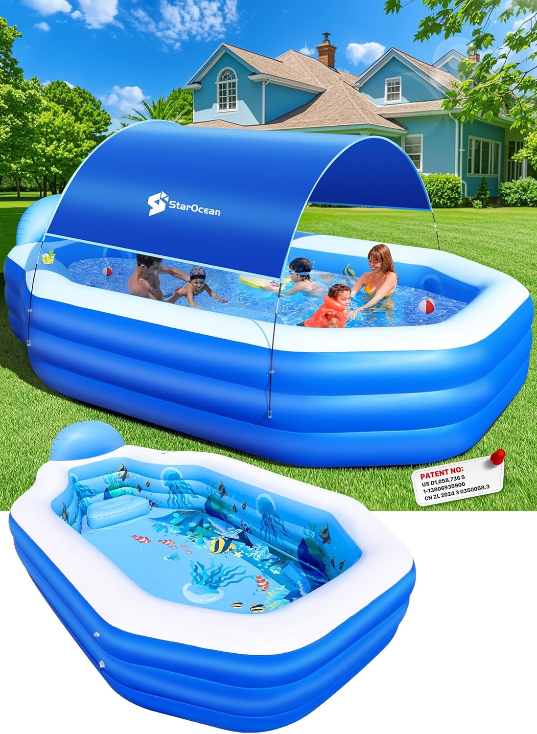 Inflatable Pool with Canopy, Large Inflatable Swimming Pool for Kids,Adult, Blow Up Pools with Seats,Backrest.Durable Thickened Inflatable Family Pools for Backyard,118