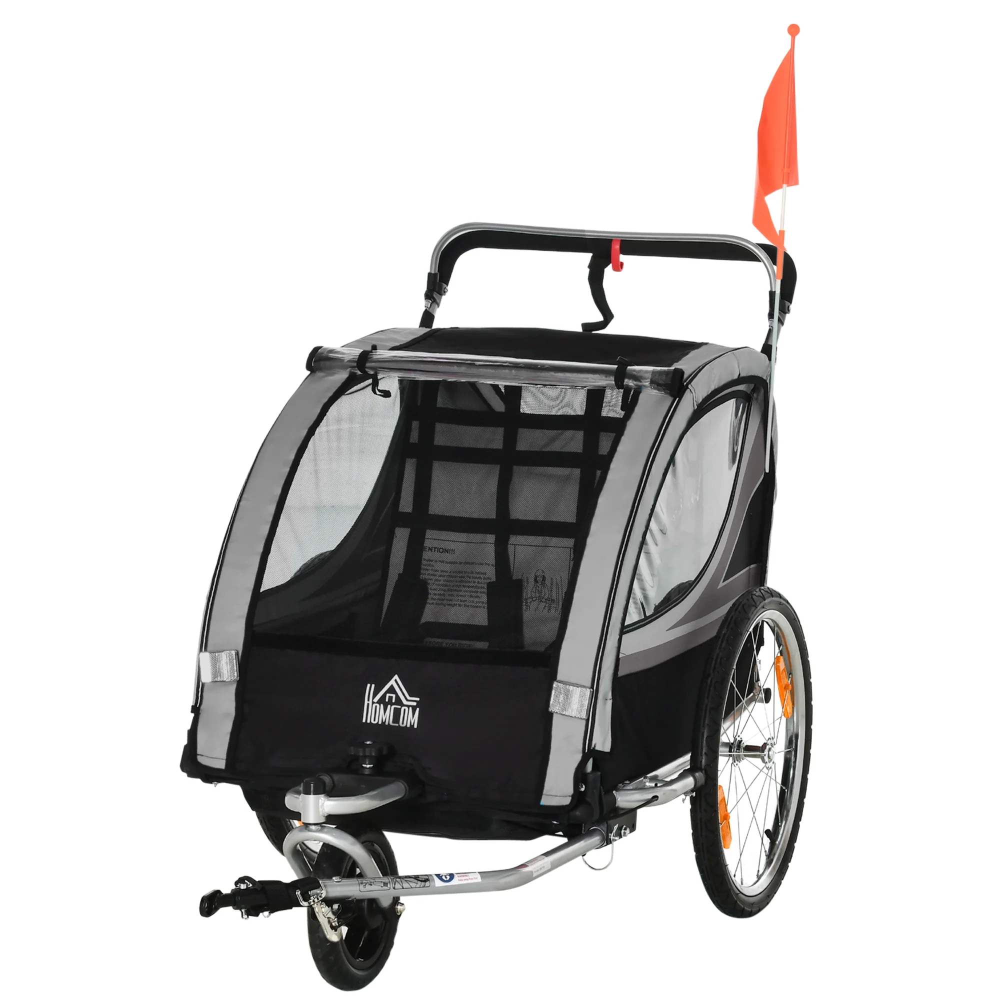HOMCOM Kinderfietskar/Duwwagen met Remmen, Opvouwbaar, voor 2 Kinderen, Grijs/Zwart