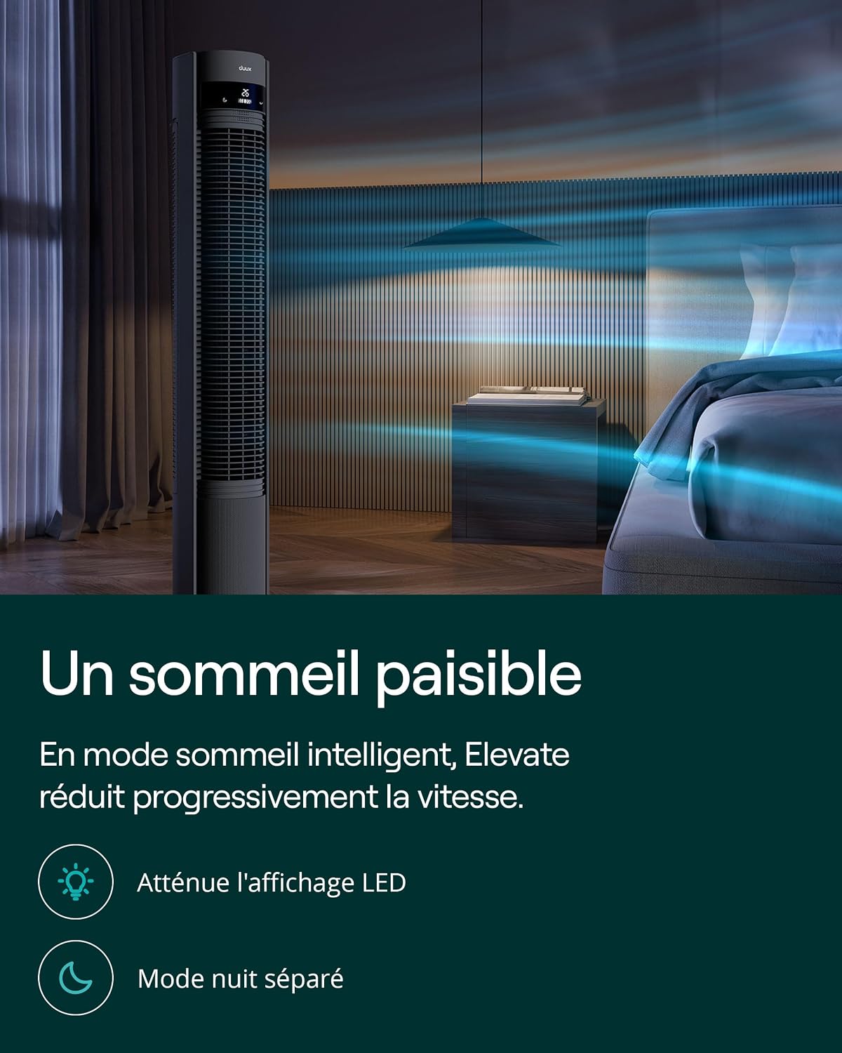Duux Elevate Smart Ventilateur Tour - 26 Vitesses, 80° Oscillation, Seulement 25dB, Ionisateur, Minuterie (1–12h), Mode Sommeil, Tactile & Télécommande - Ventilateur Silencieux pour Chambre/Bureau