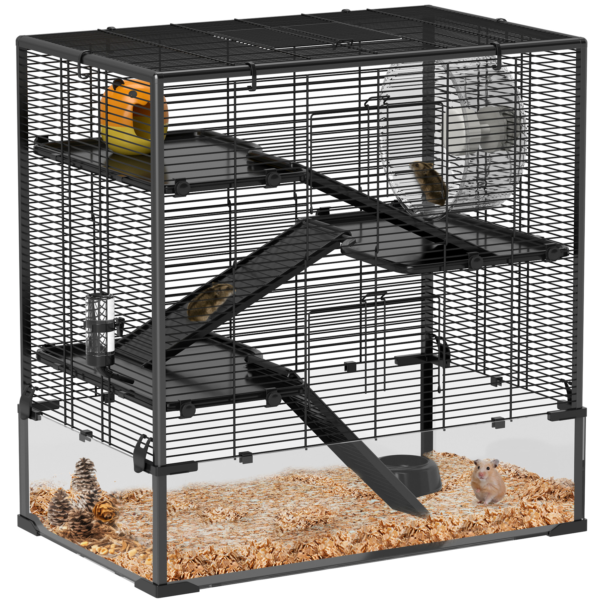 Hamsterkooi met glazen bodem, 4-niveau knaagdieren verblijf met hut en accessoires, 78,5L x 48,5B x 80H cm, Zwart