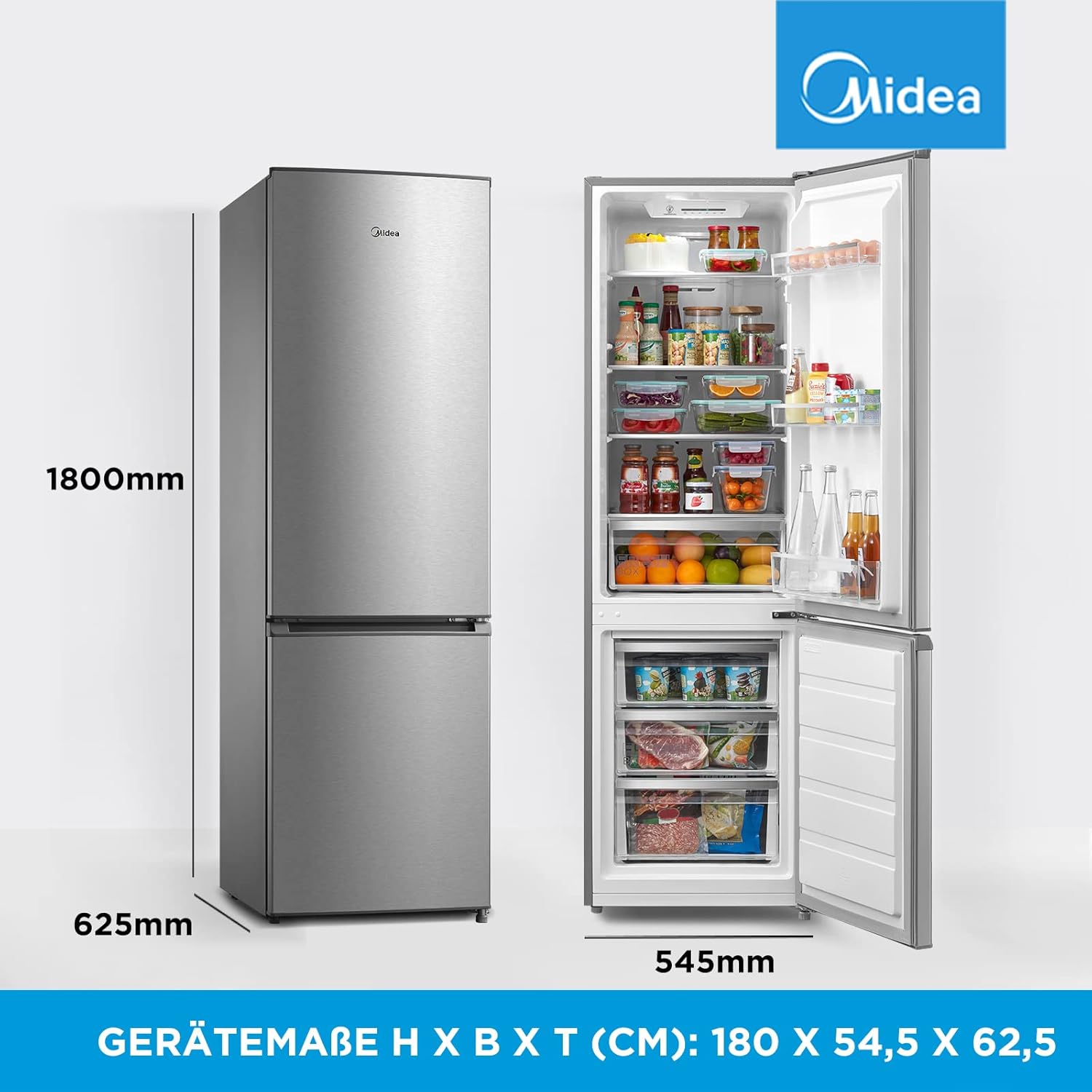 Midea MERB276FGE02A Fridge/Freezer Combination, 180 cm Height, NoFrost, Double Control, Super Cooling Function, 219 kWh per Year, Fridge Capacity 199 L, 71 L Freezer Capacity