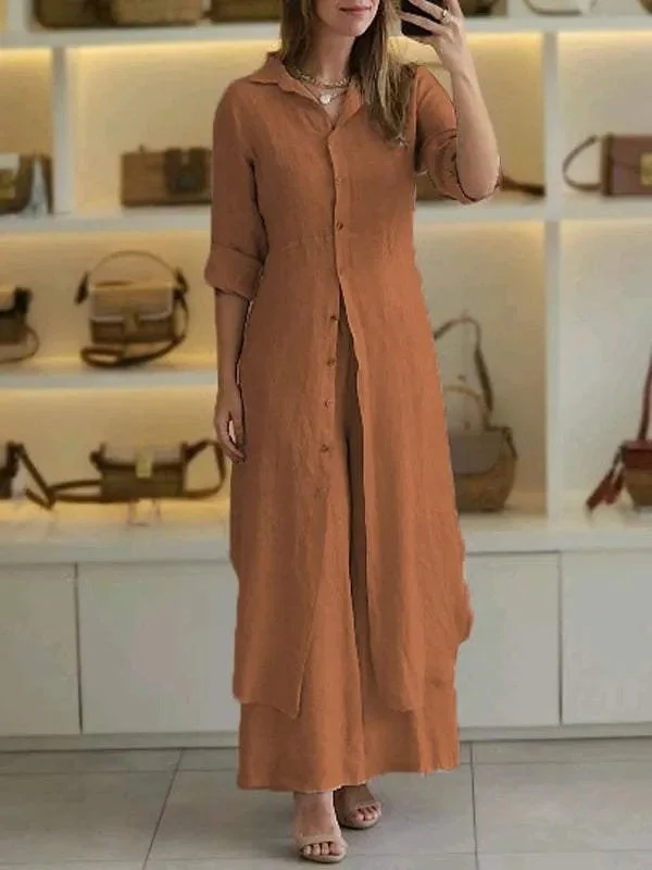 Leinen-Set Damen | Zweiteiler aus langer Bluse und weiter Hose | Luftiger Sommer-Zweiteiler f��r Damen | Atmungsaktiv & Bequem