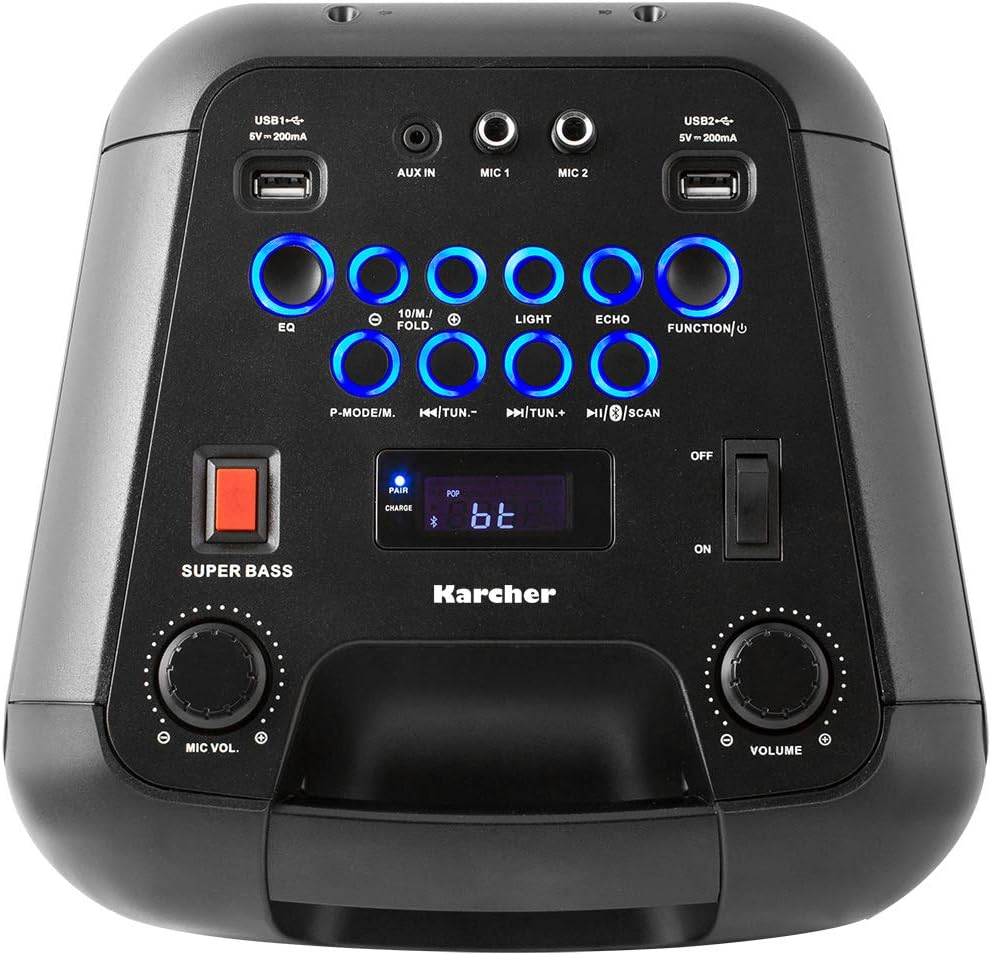 Karcher PS 4460 PartyBox in schwarz, Tragbarer Bluetooth Lautsprecher gro, Party Musikbox mit kraftvollem Bass und Lichteffekten, Mobile Box mit Akku, mit Radio, USB, inkl. Mikrofon