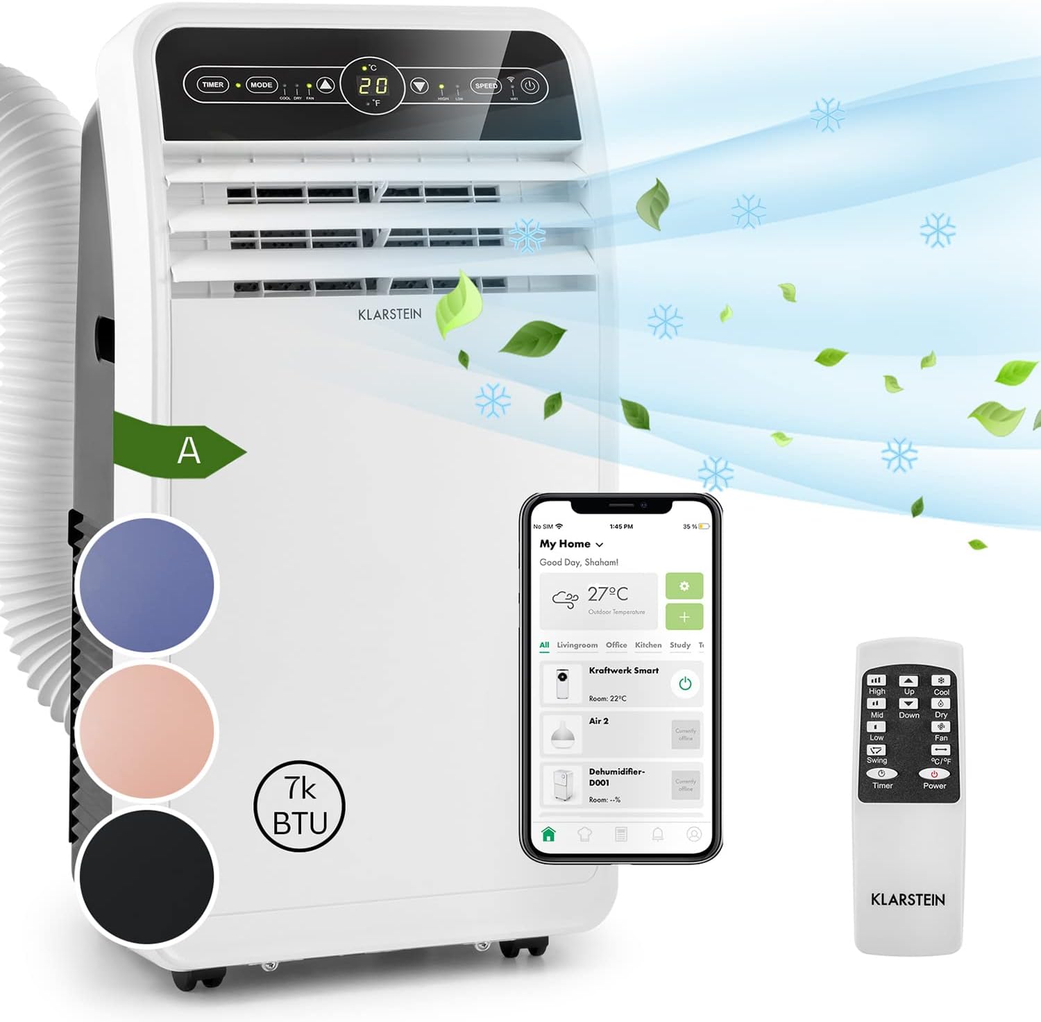 Klarstein Mobile Klimaanlage mit Abluftschlauch, 4-in-1 Klimagerät mit Ventilator, Luftentfeuchter & Nachtmodus, Kleine & Portable Klimaanlage für Wohnung & Büro, App-Steuerung, 12000 BTU