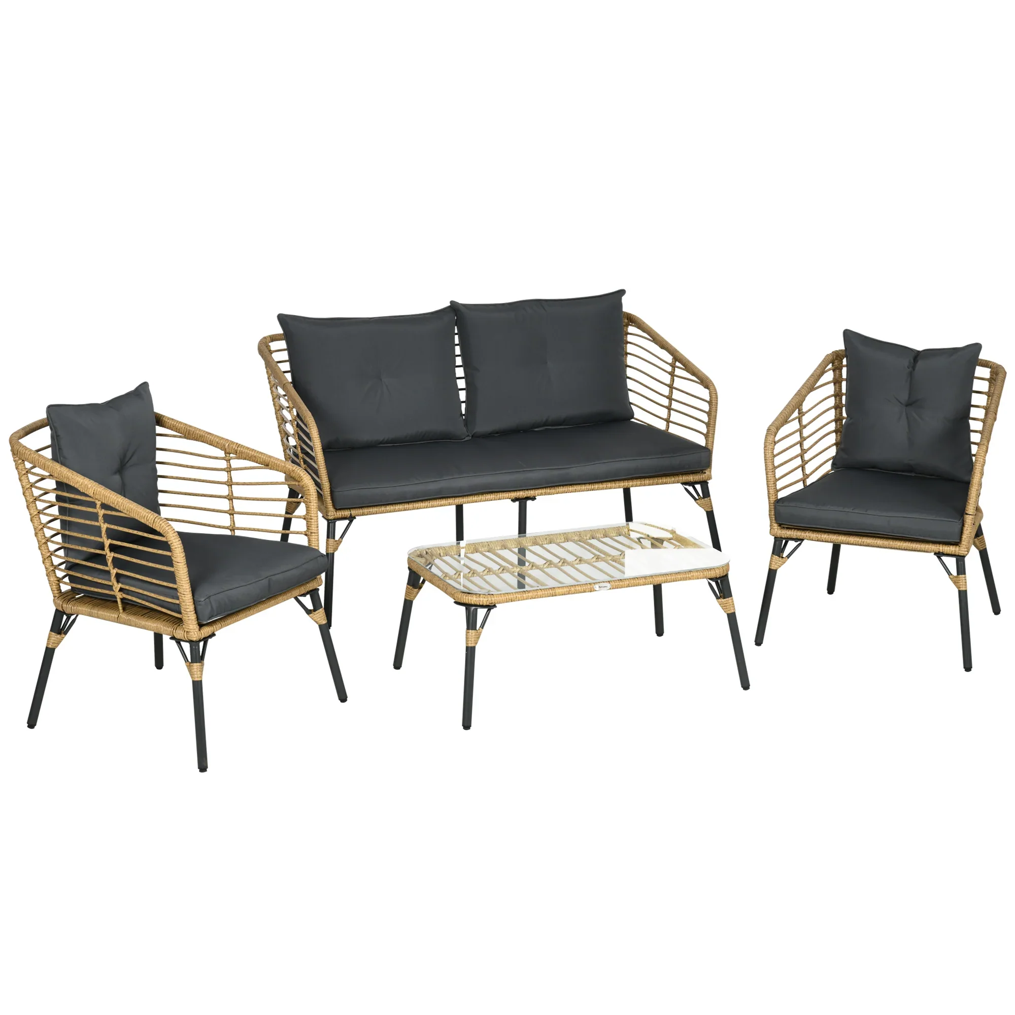 Outsunny Polyrattan Tuinbankset 4-delig. Boho-stijl Glazen Salontafel