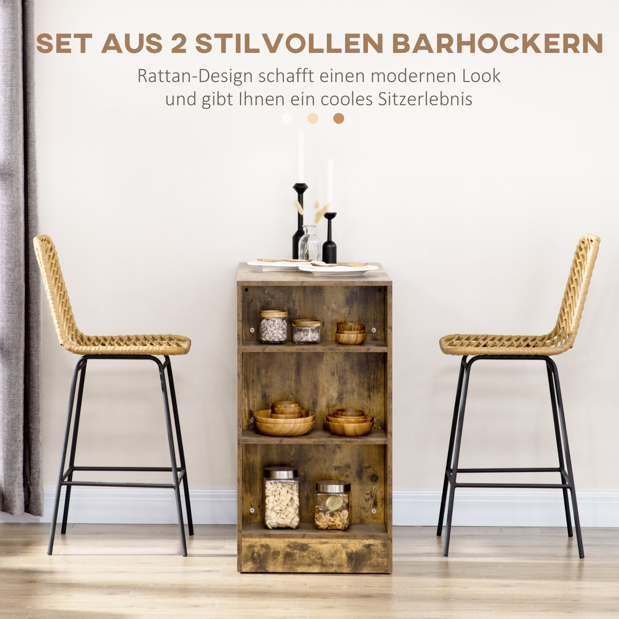 Set van 2 barkrukken in boho-design, PE-rotan, inclusief voetsteun, 42,5 cm x 52 cm x 102 cm, geel+zwart