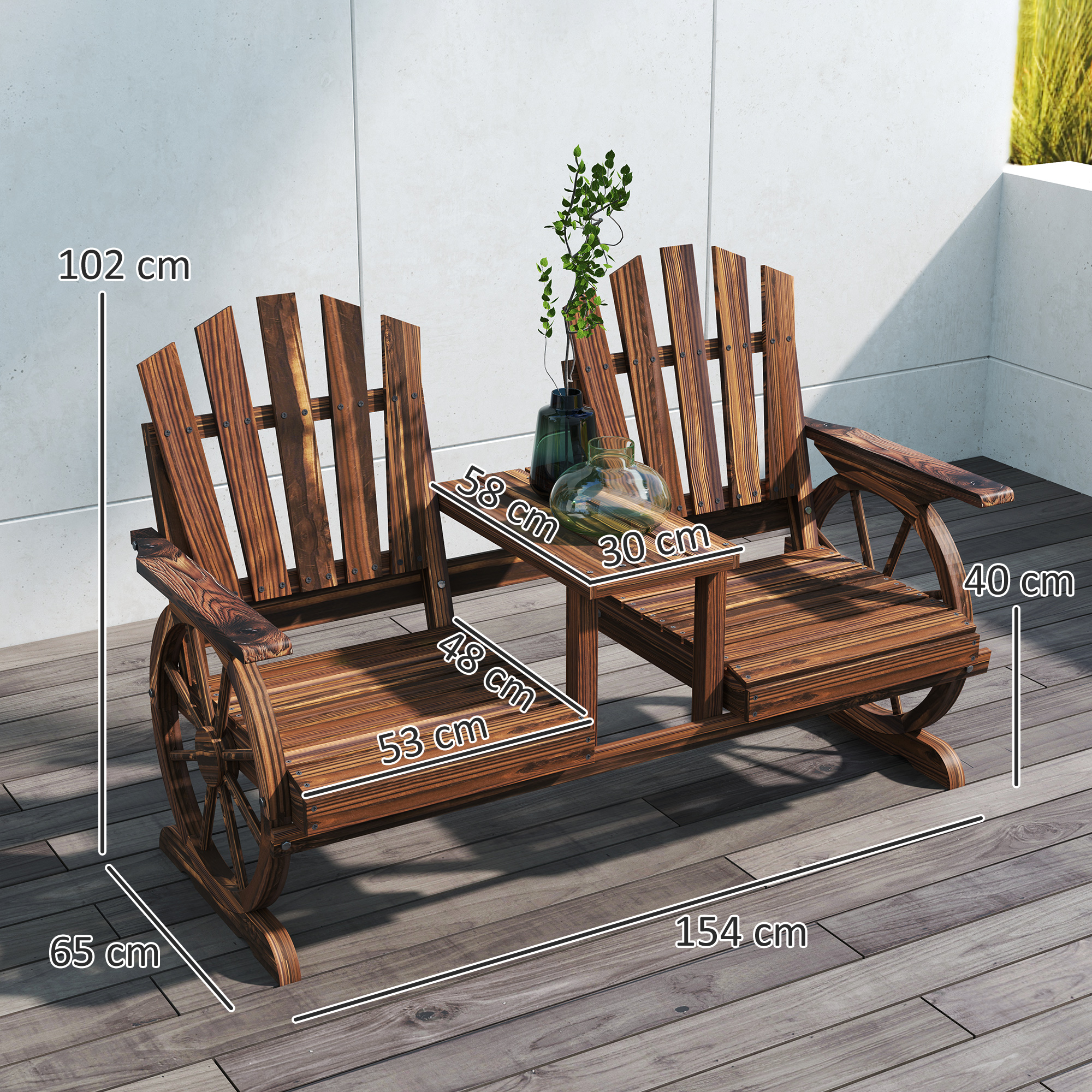 Outsunny Weerbestendige 2-Zits Houten Tuinbank met Paraplugat en Wagenwielpoten, 154 x 65 x 102 cm, Verkoolt