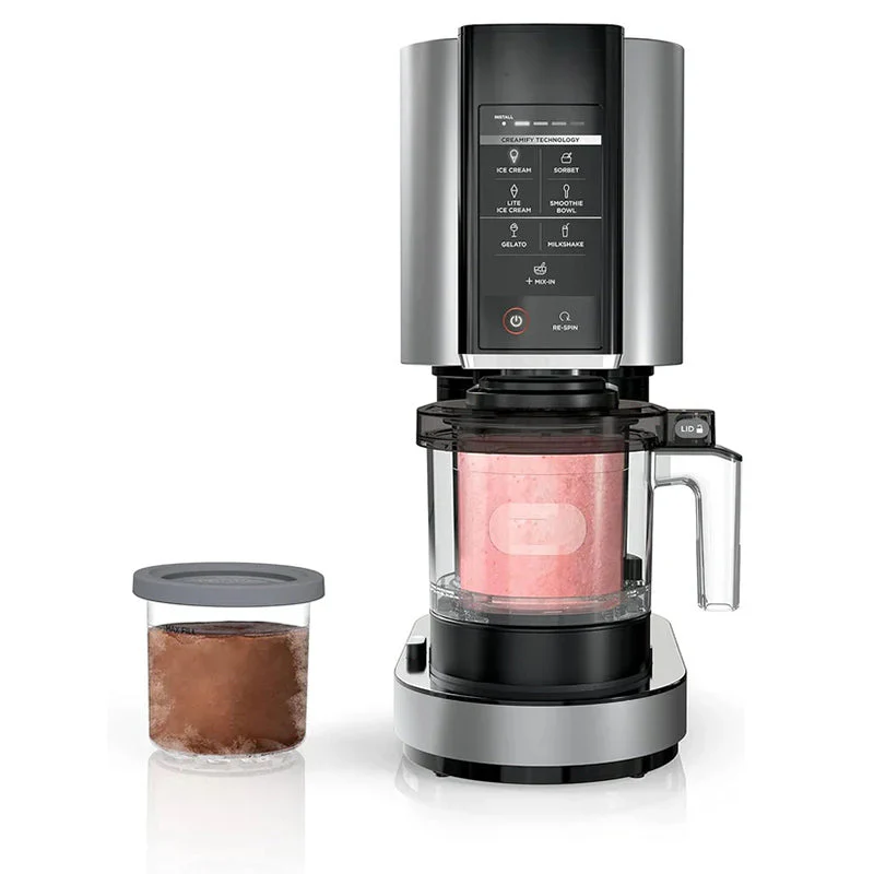 NC301 CREAMi Ice Cream Maker. for Gelato. Mix-ins. Milkshakes. Sorbet. Smoothie Bowls & More. 7 One-Touch Programs. with (2) Pint Containers & Lids. Compact Size. Perfect for Kids. Silver