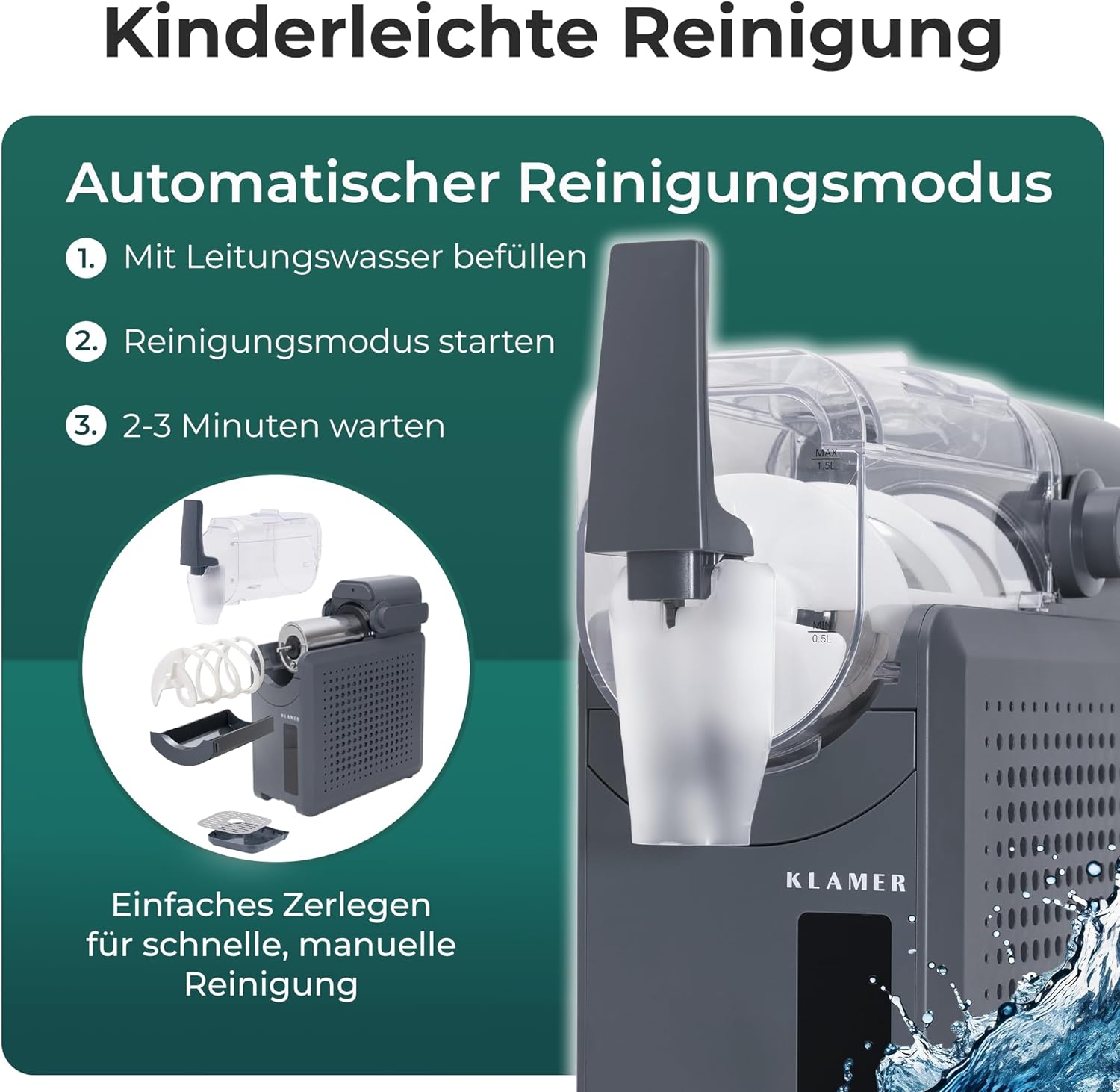 KLAMER Slush Maschine, mit 5 smarten Programmen: Slushie, Cocktail, Milchshake, Frappé, Wein, Automatische Reinigung, 2L Fassungsvolumen, Turbo Freeze, kein Eis erforderlich, mit digitalem Rezeptbuch