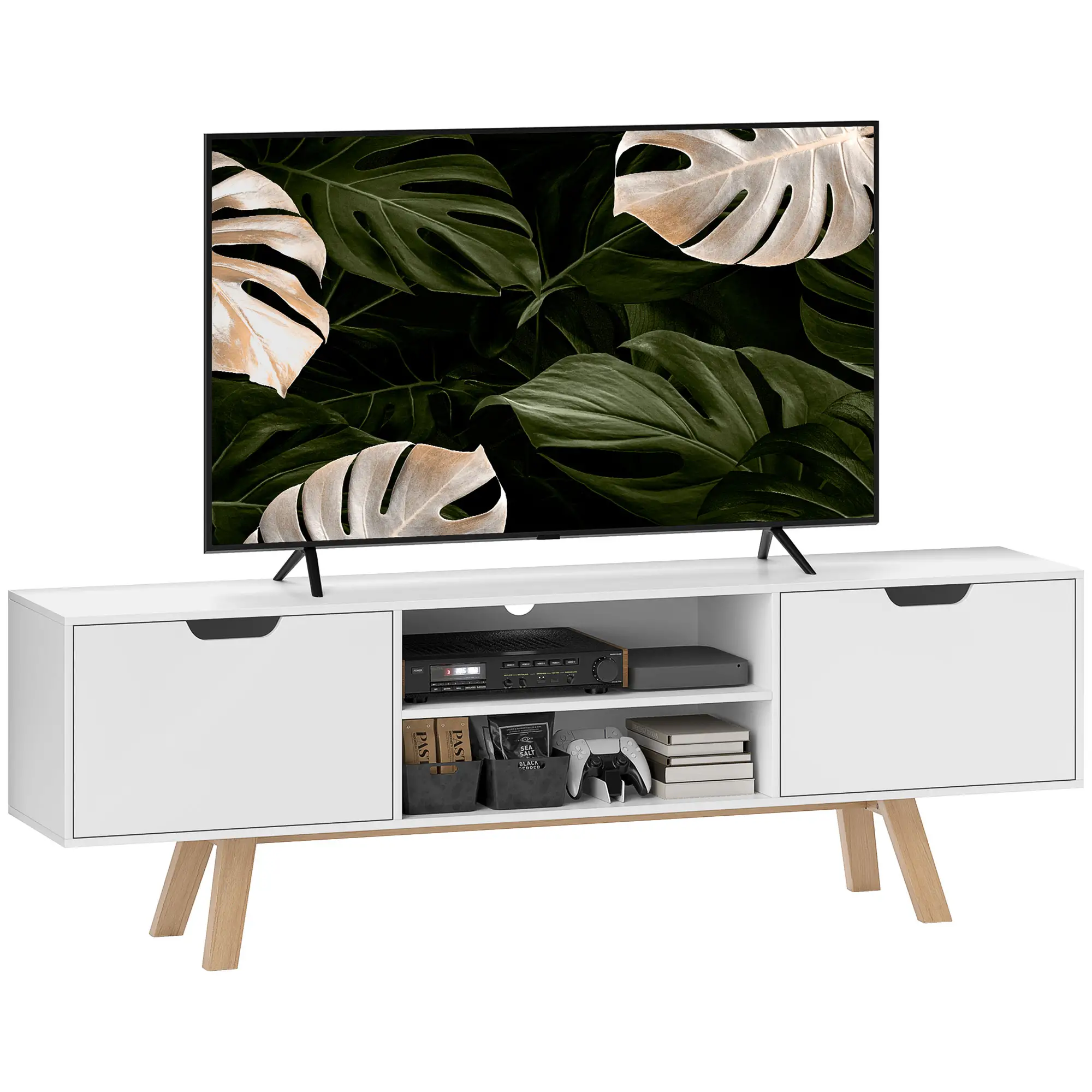 HOMCOM TV-meubel 65 inch met kabelbeheer en 2 kasten Wit