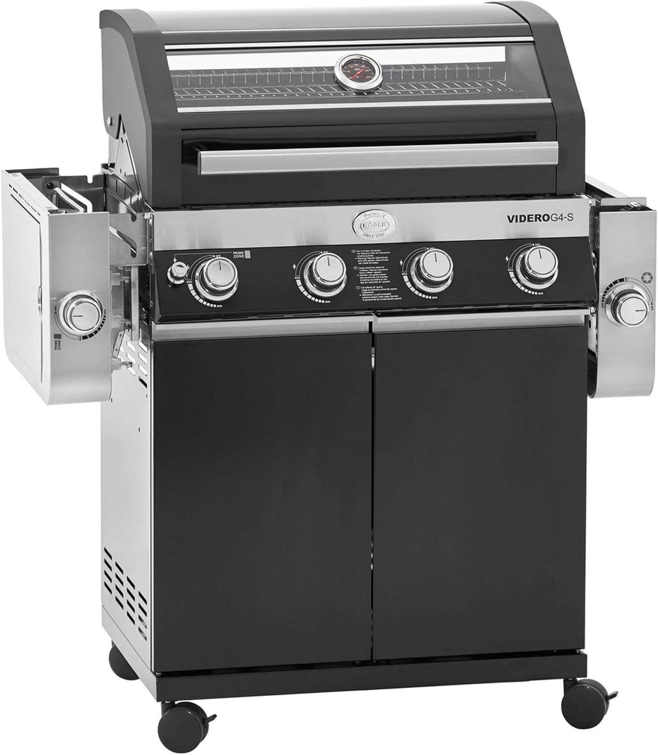 RÖSLE Elektrogrill BBQ-Portable Videro E2-P, tragbarer Tischgrill mit 2 Brennern, Warmhalterost und Deckel mit Glaseinsatz, pulverbeschichteter Stahl, schwarz/silbern