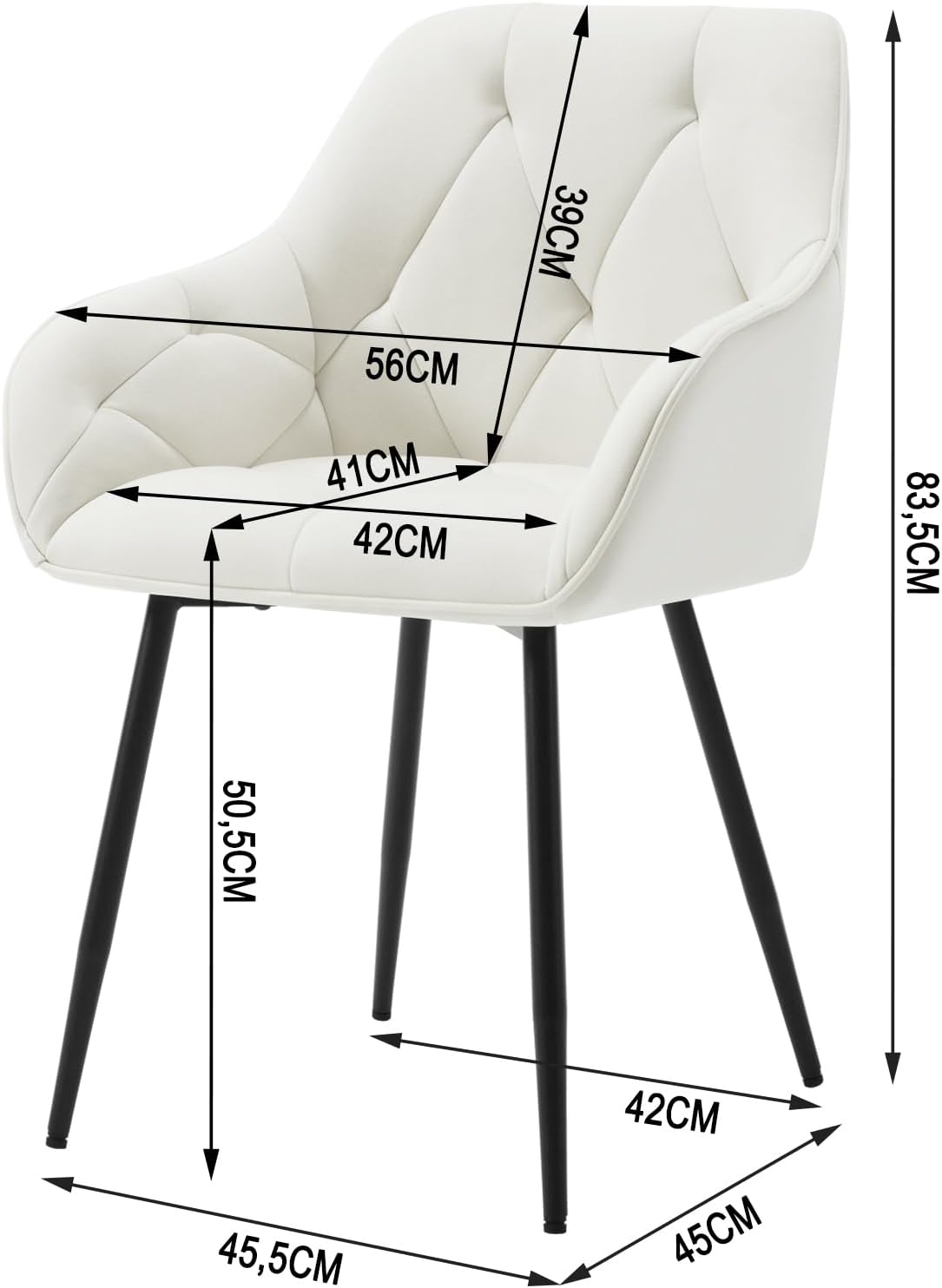 WOLTU Esszimmerstühle 2er Set, für Esszimmer Wohnzimmer, ergonomische Küchenstühle gepolstert mit Armlehnen, Metallbeinen, Sitzfläche aus Samt, Cremeweiß