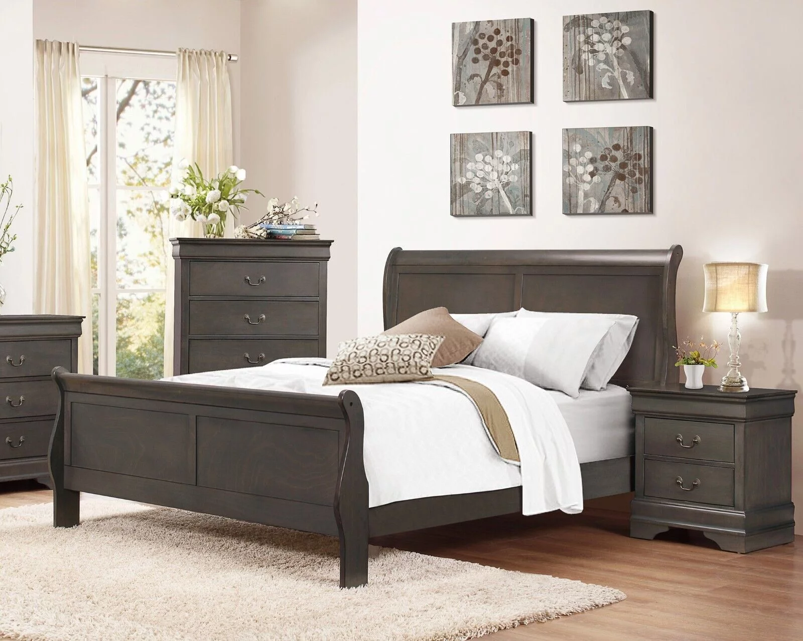 Klassiek Luis Felipe Stijl �C King Size Sledebed �C Verouderde Grijze Afwerking �C Traditionele Slaapkamermeubels