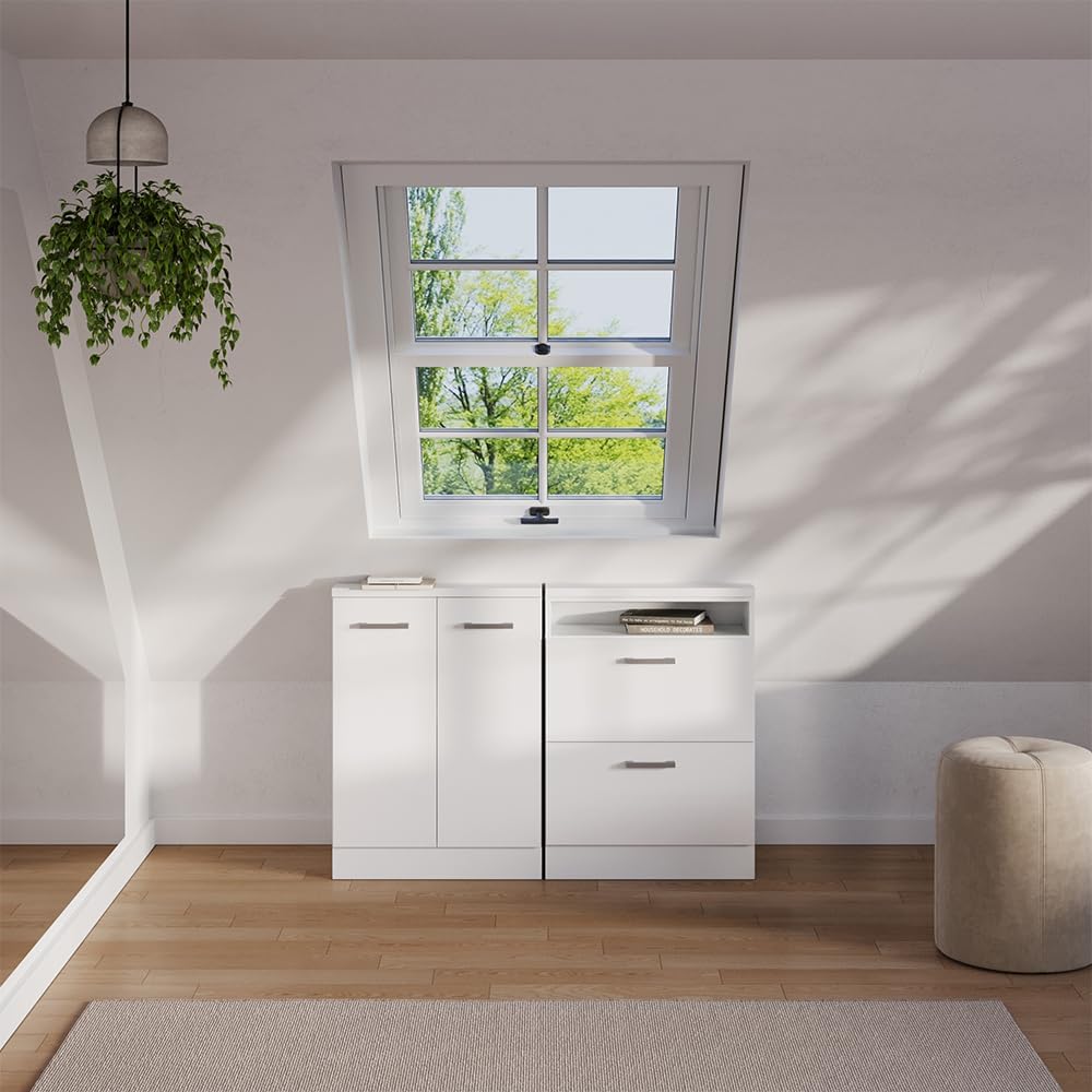 Vicco Dachschrägenschrank Rion, Weiß Hochglanz/Weiß, mit 2 Schubladen