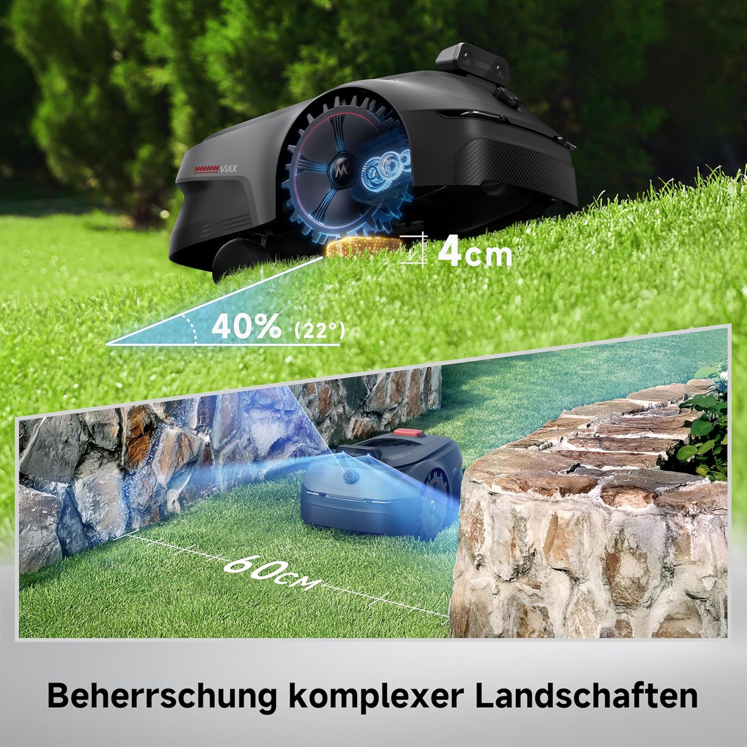 MOVA ViAX 500 Mähroboter Ohne Begrenzungskabel, Empf. 500 m², KI-gestützte Kartierung, 360°-LiDAR & Dual-KI-Vision, Intelligente Hindernisvermeidung, U-Fahrbahn, Kantenschnitt, App-Steuerung