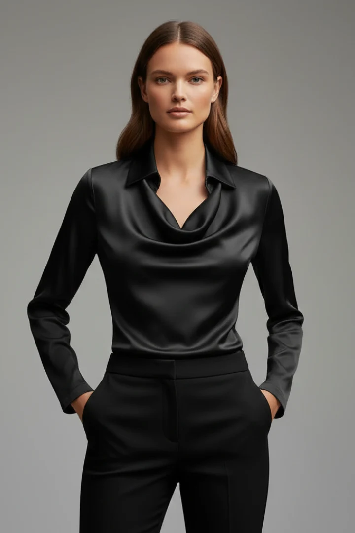 Satinbluse Damen mit Wasserfallausschnitt und Langarm | Elegante Bluse mit flie?endem Fall und geradem Schnitt f��r das Layering