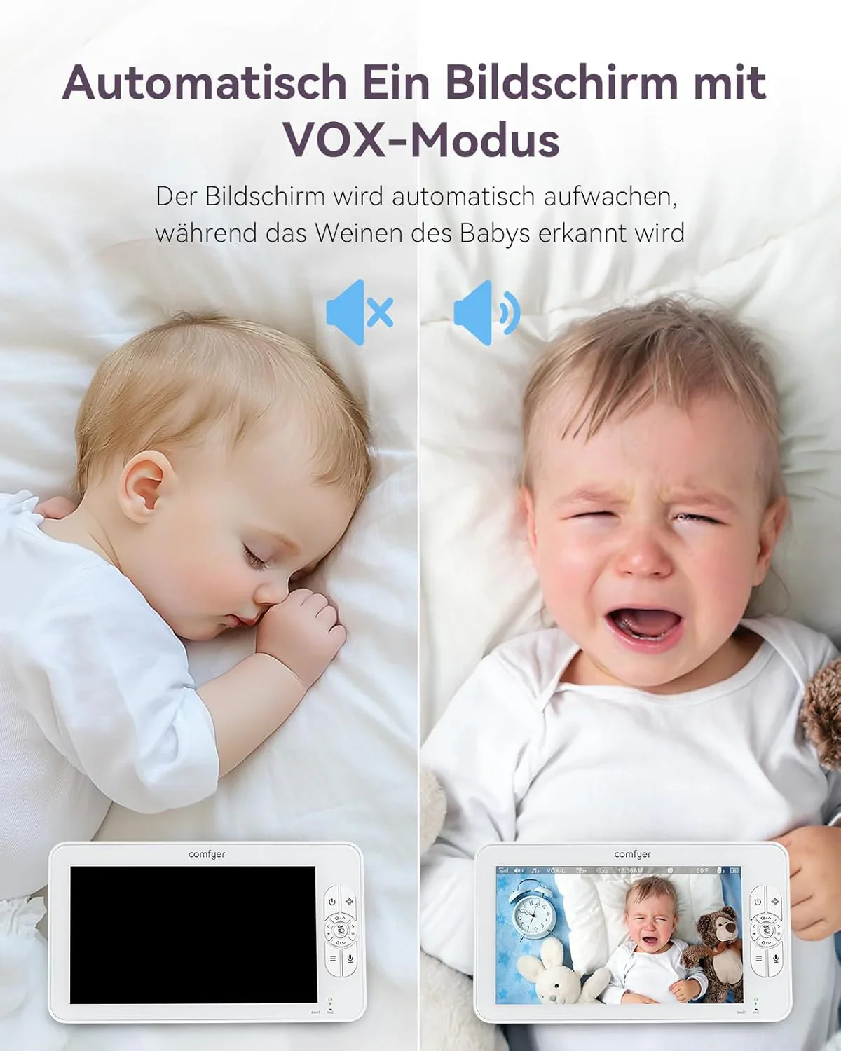 Comfyer Split-Screen Babyphone mit 2 Kameras, 7 HD 720P Video Babyphone ohne WLAN mit Halterung, IR-Nachtsicht Weitwinkelobjektiv Vox-Modus 2-Wege-Audio 960 Fu? Reichweite Video��berwachungsger?te