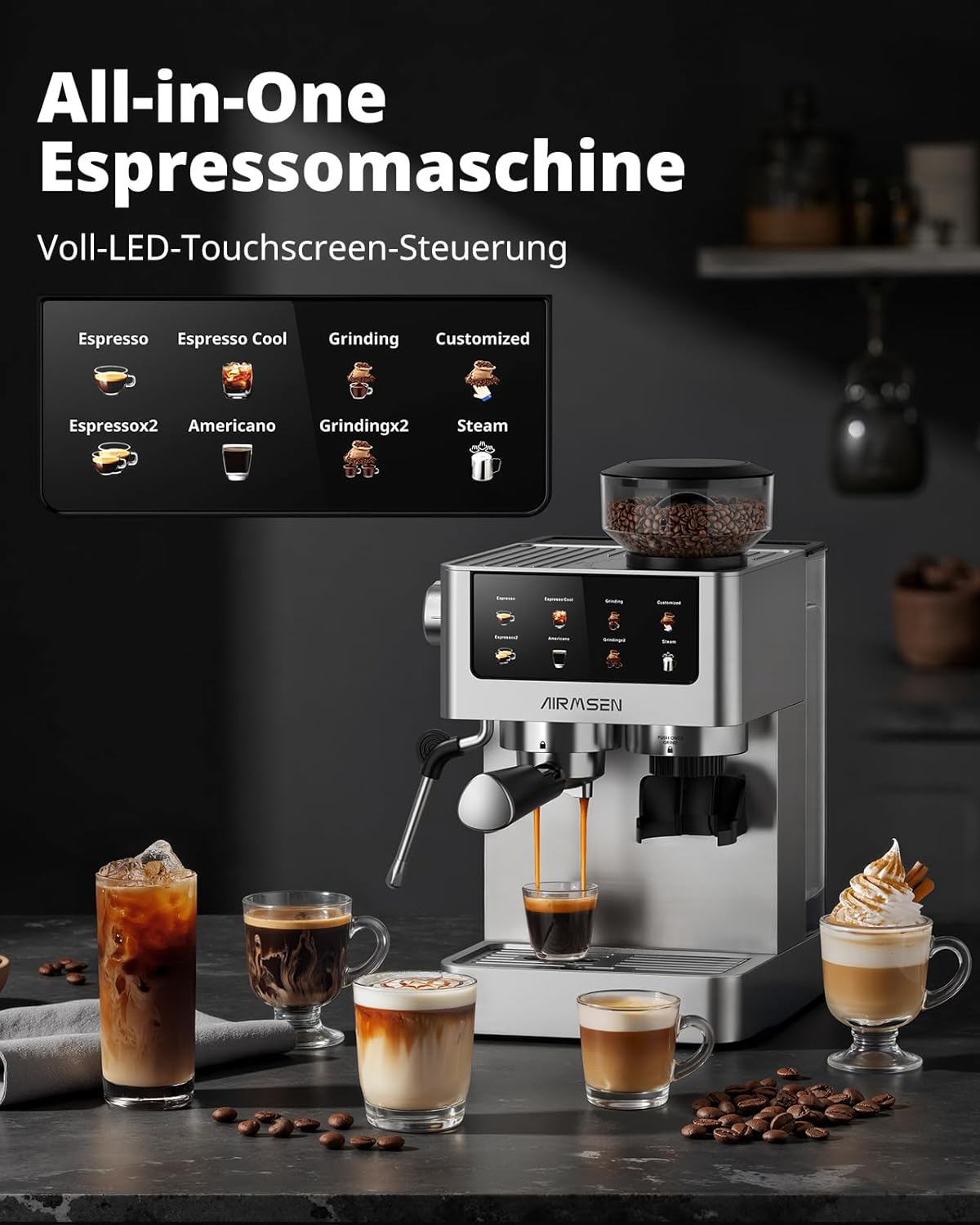 AIRMSEN 20 Bar Siebträgermaschine mit Kegelmahlwerk & Milchschäumer, 1.8L Wassertank, Edelstahl Espressomaschine Kaffeemaschine für Americano, Cappuccino und Latte