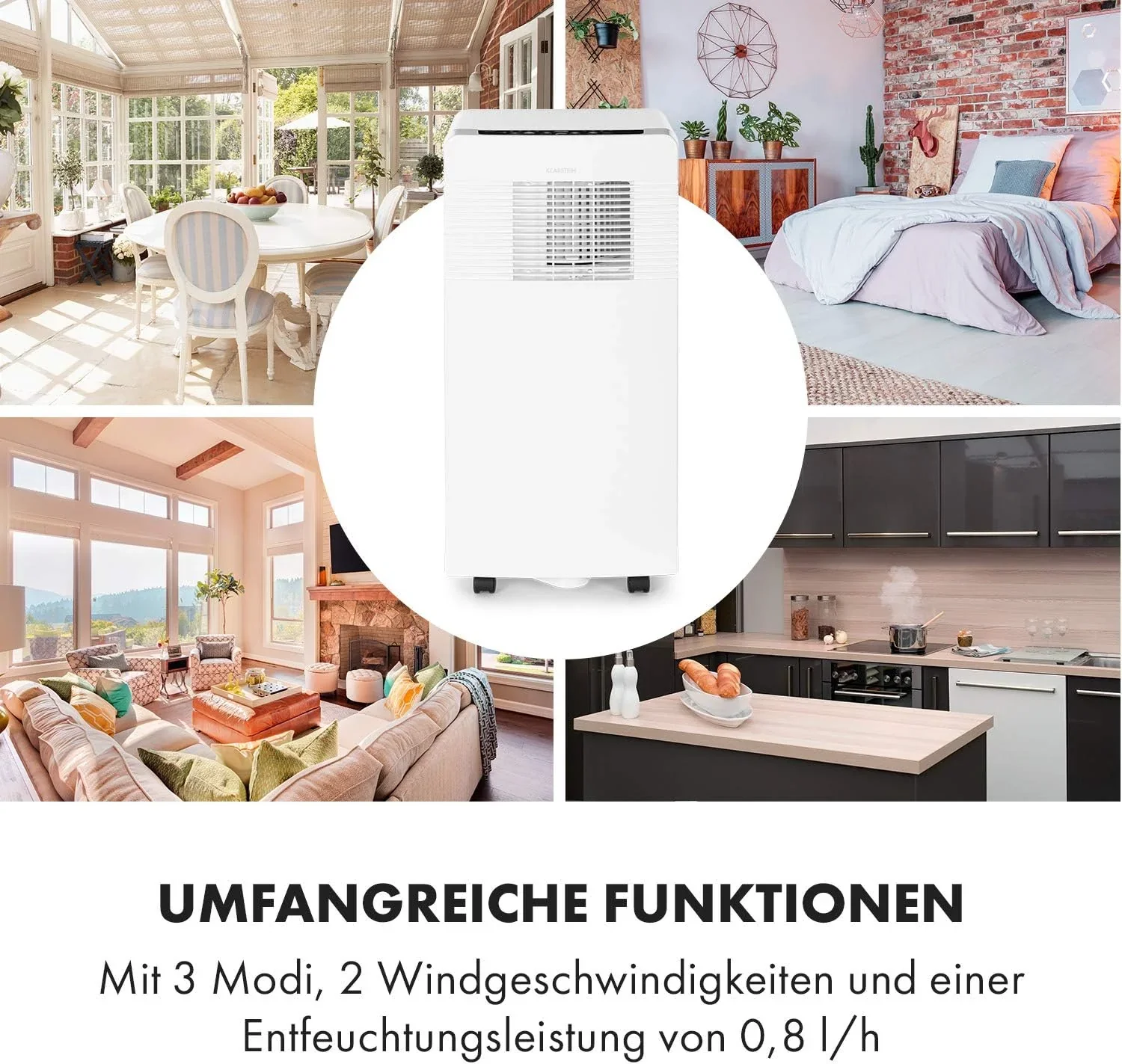 Klarstein Mobile Klimaanlage mit Abluftschlauch, 3-in-1 Klimager?t mit Ventilator, Luftentfeuchter & Nachtmodus, Kleine & Portable Klimaanlage f��r Wohnung & B��ro, 12000 BTU Niedrig Verbrauch